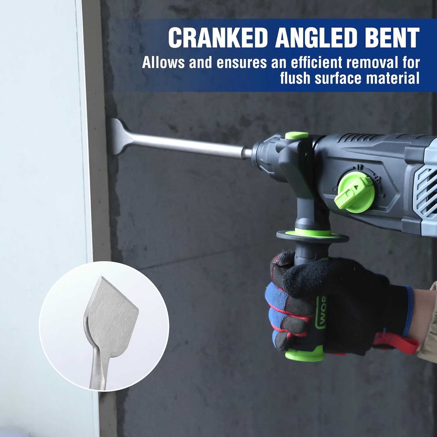 Cranked angled bent chisel for rotary hammer, used on wall