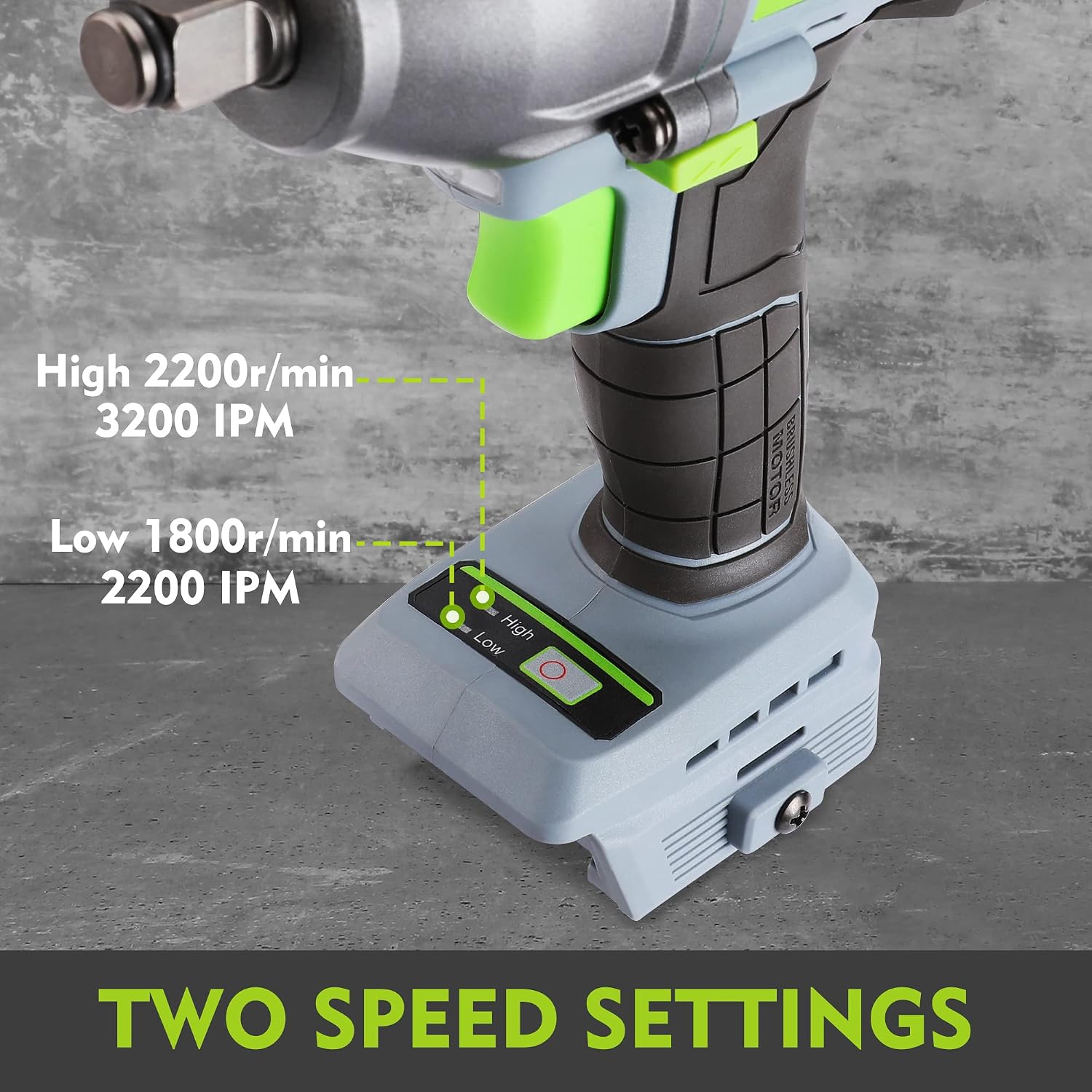 WORKPRO 20V cordless impact wrench with two-speed settings on the base, green controls