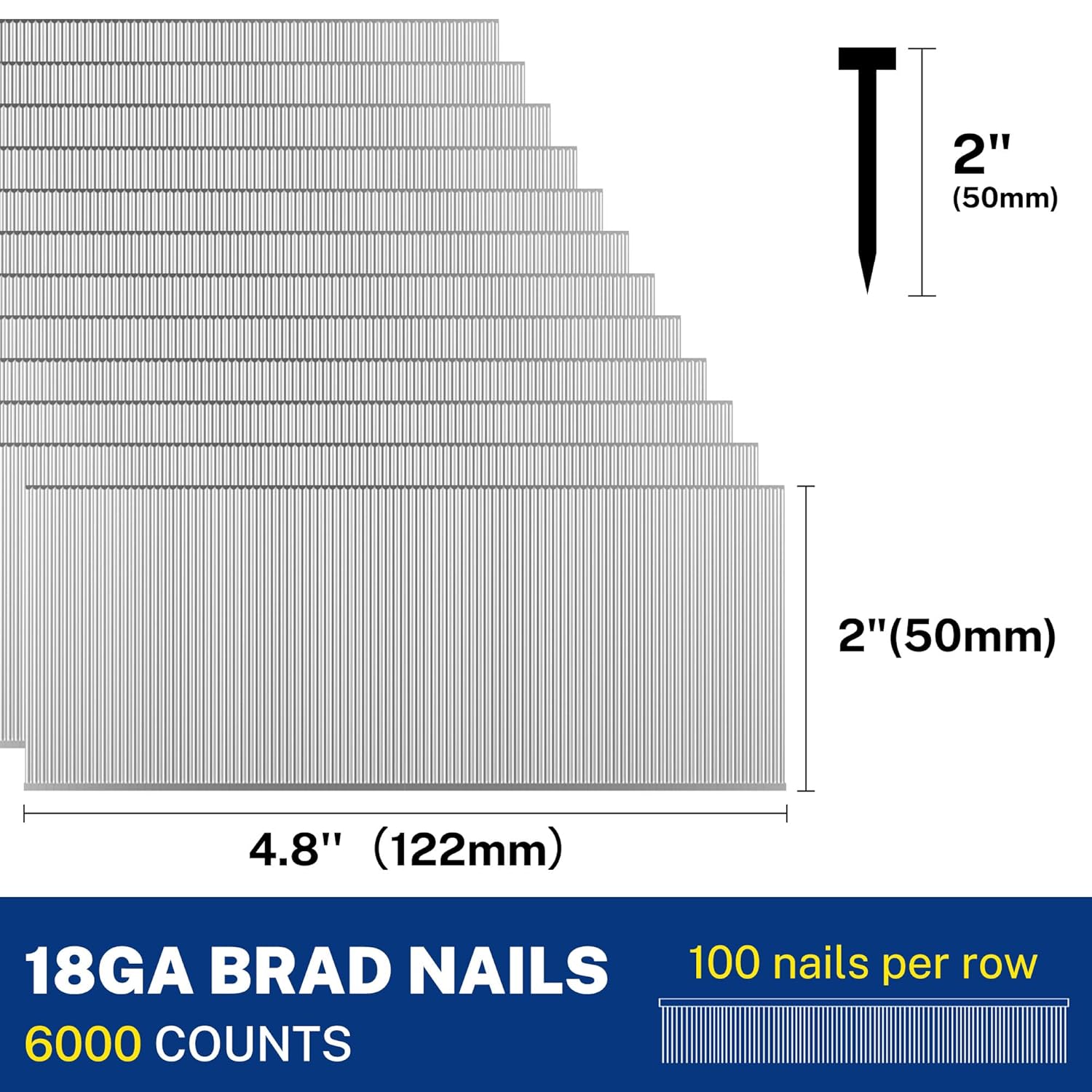 18-gauge brad nails in long strips, showing 2-inch and 4.8-inch layout
