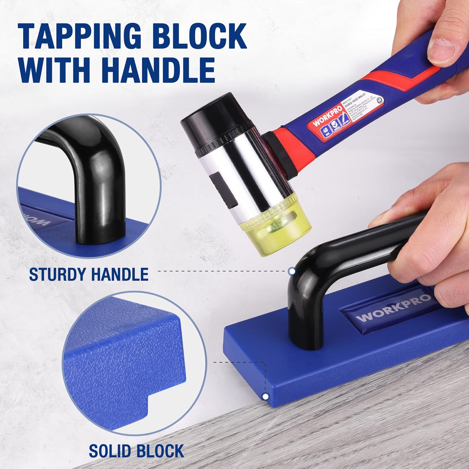 Tapping block with handle for laminate floors, solid black head and blue support block