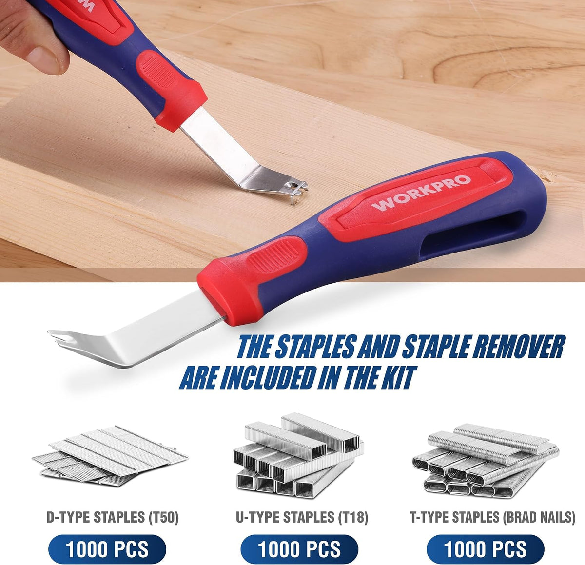 Manual staple gun with blue-and-red handle and included staples and staple remover