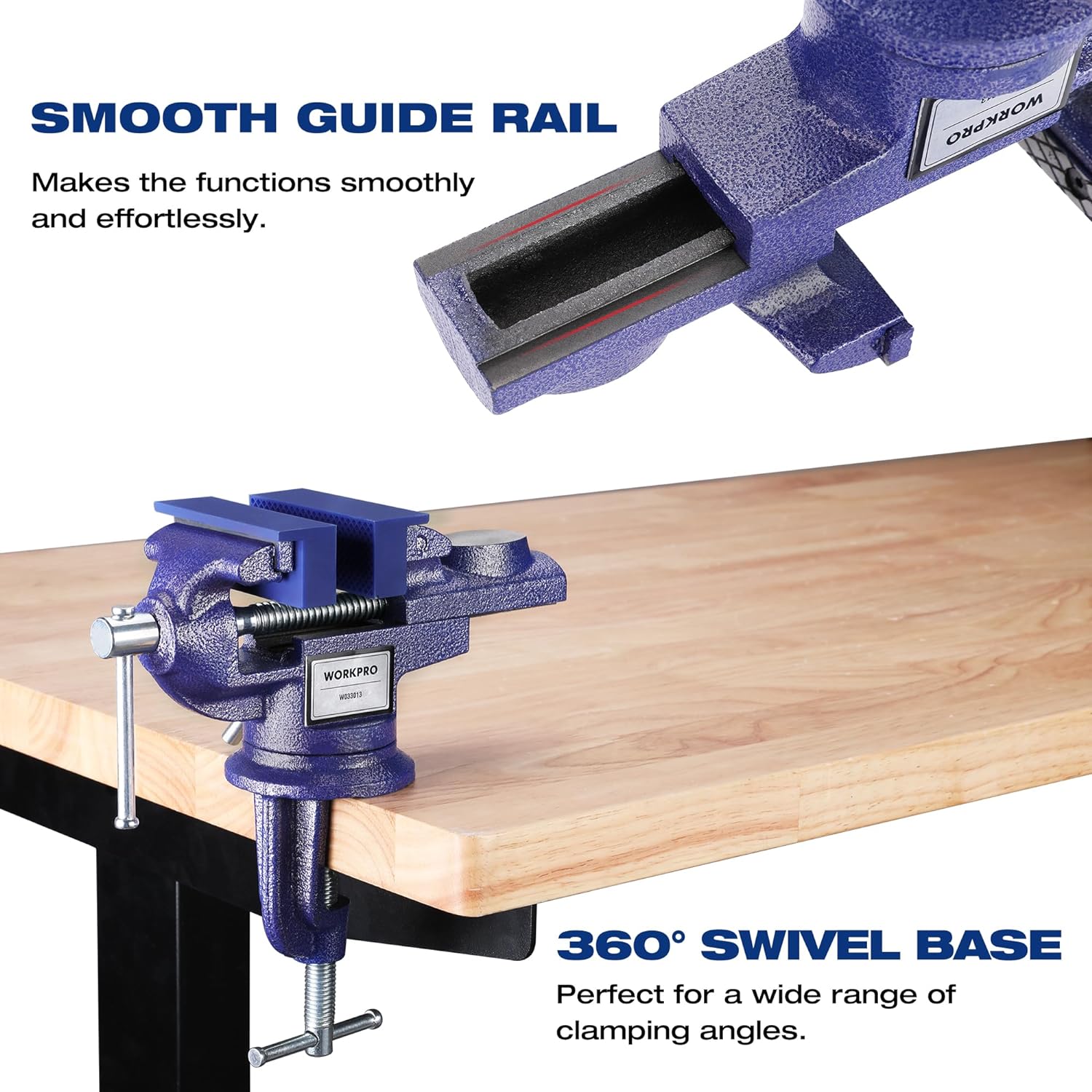 WORKPRO bench vise with extended throat and textured jaws, shown on workbench