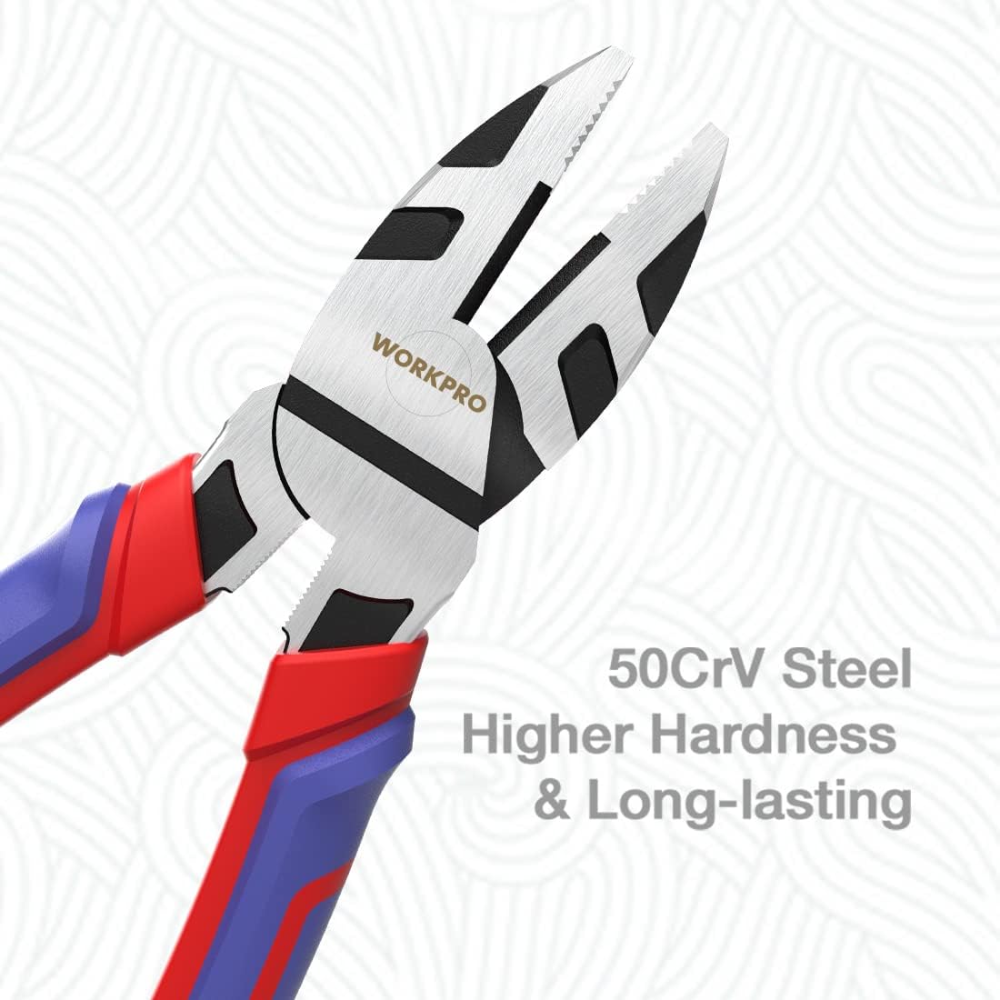 Linesman pliers tip showing hardened cutting edges on red and blue handles