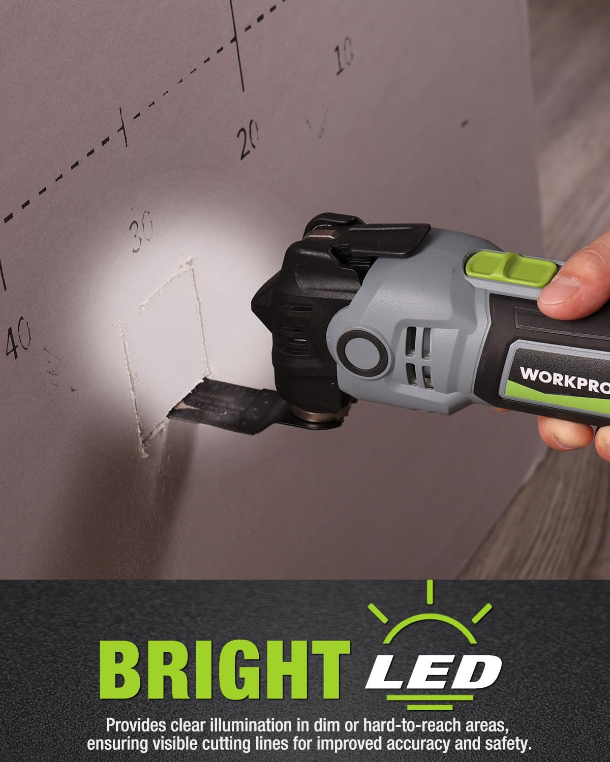 WORKPRO oscillating multi-tool with bright LED illuminating dark corner while cutting