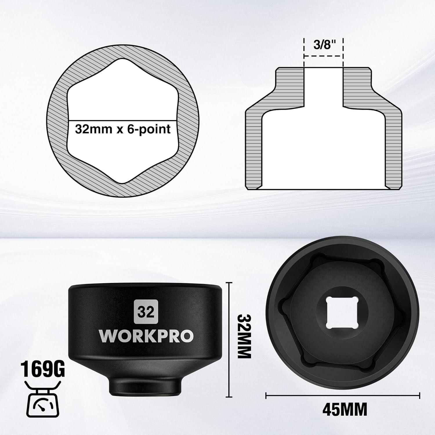 32mm WORKPRO oil filter socket wrench, 6-point hex, 3/8 in drive