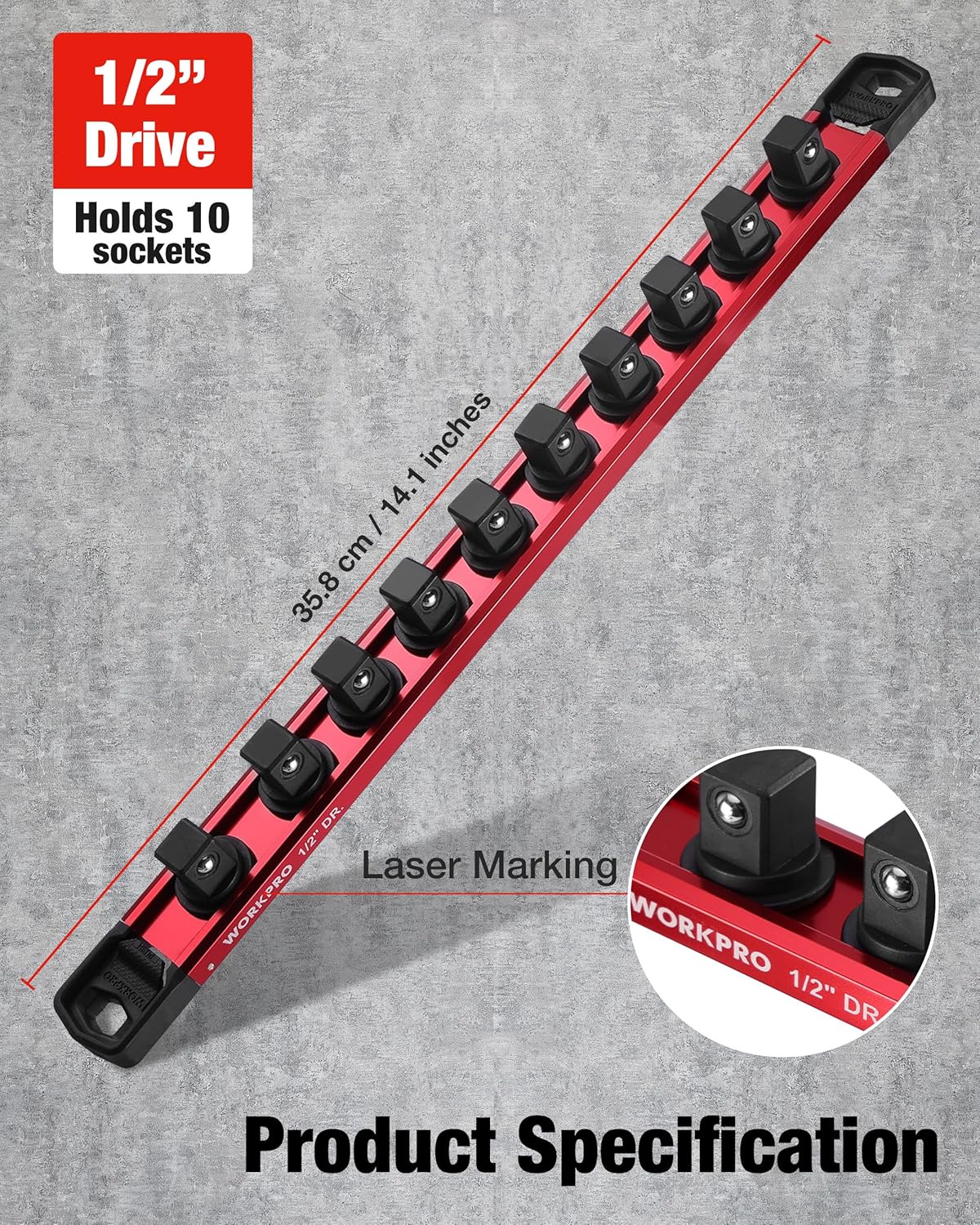 1/2-inch drive socket holder rail with 10 black clips and laser markings