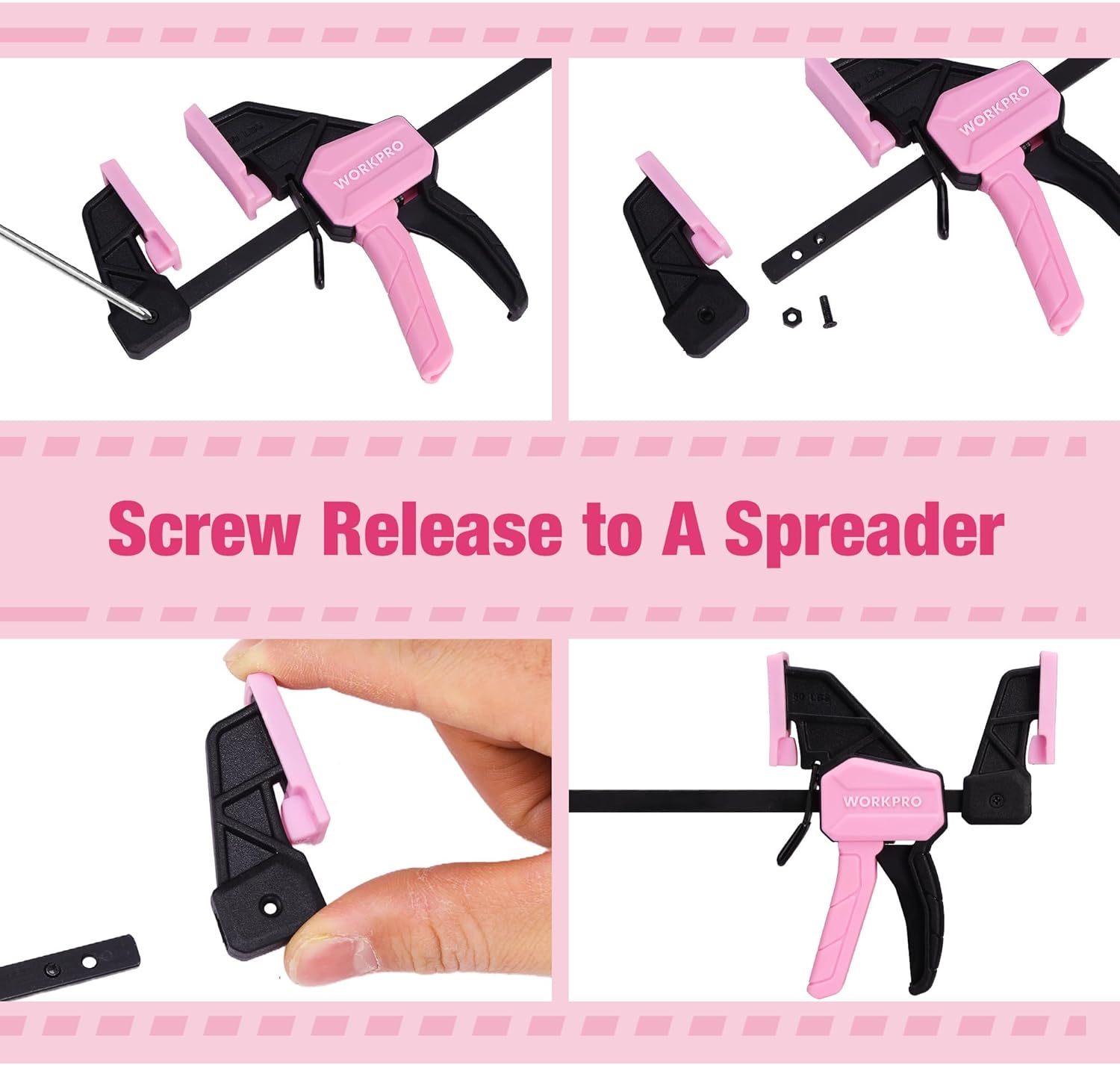 Two pink mini bar clamps with black jaws and release mechanism; hands adjust the screw