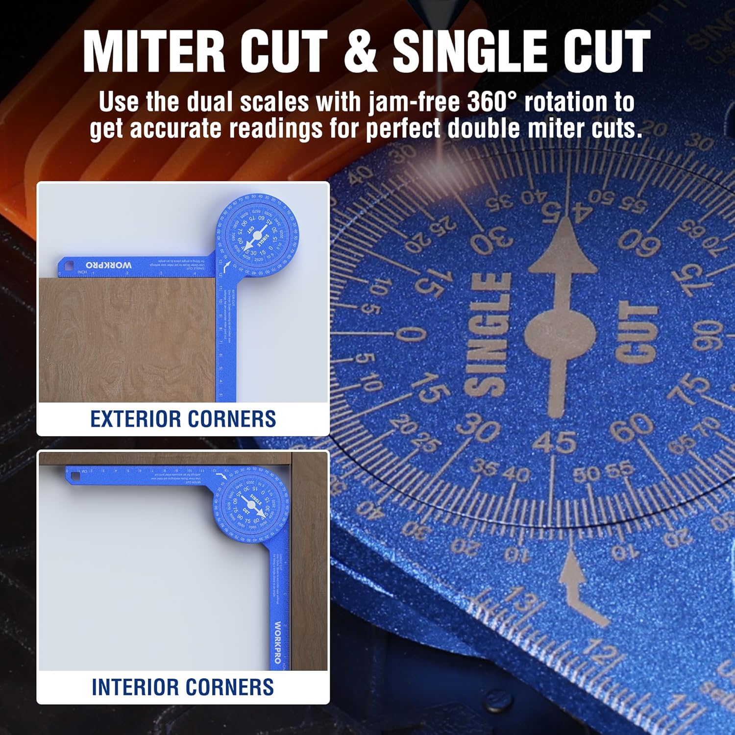 Blue 360-degree miter protractor with inside and outside corner angle markings