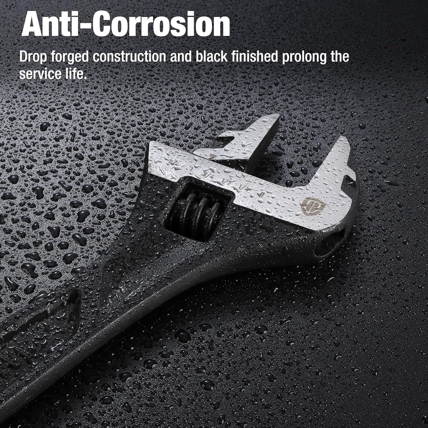 Black adjustable wrench with silver jaws, shown with water droplets