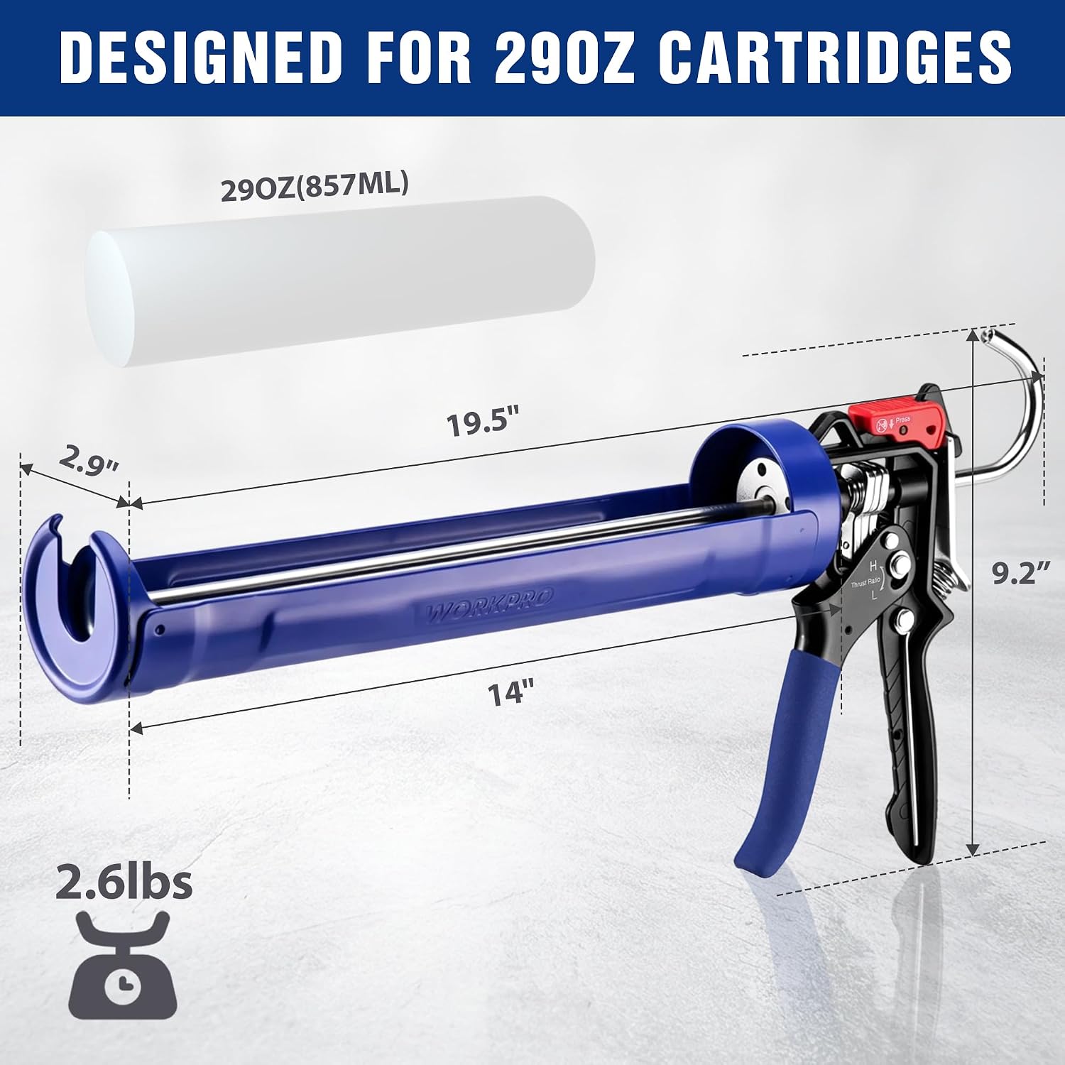 WORKPRO 29 oz caulking gun in blue with adjustable 91 and 181 thrust ratio, metal construction