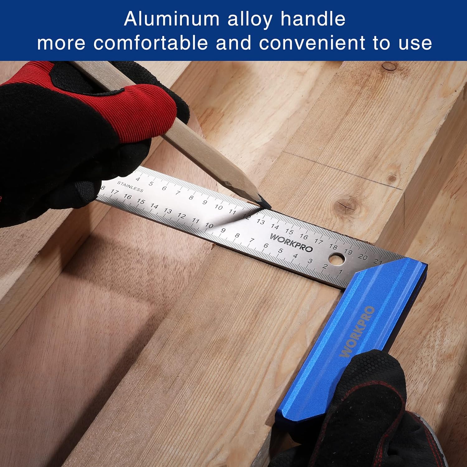 Woodworking square with blue handle and long metal ruler measuring marks on wood