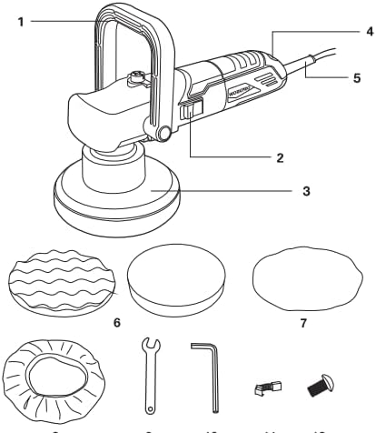 Diagram of dual-action buffer polisher with backing pad, pads, handle, and mounting parts