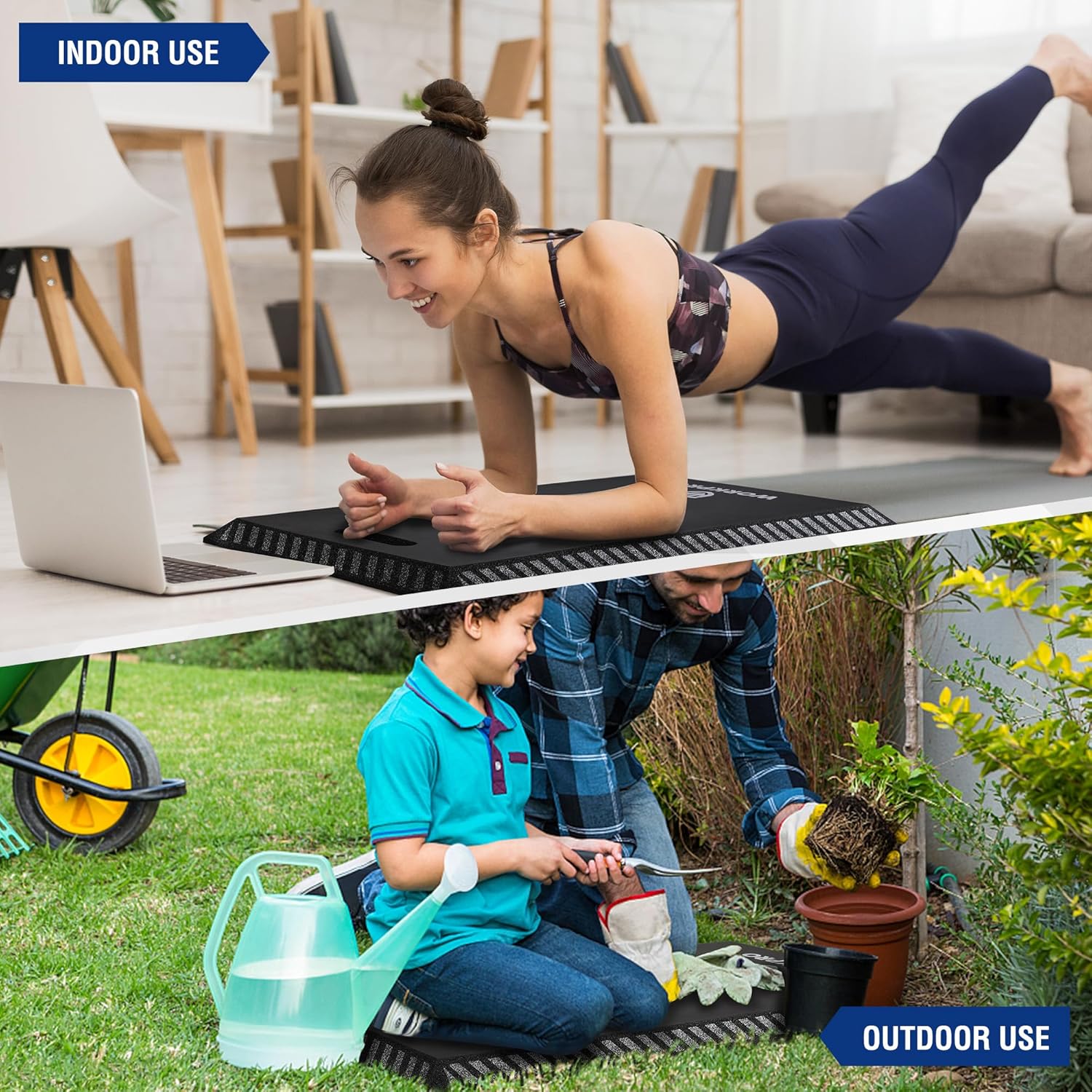 Black kneeling pad used on floor for comfort during indoor and outdoor tasks