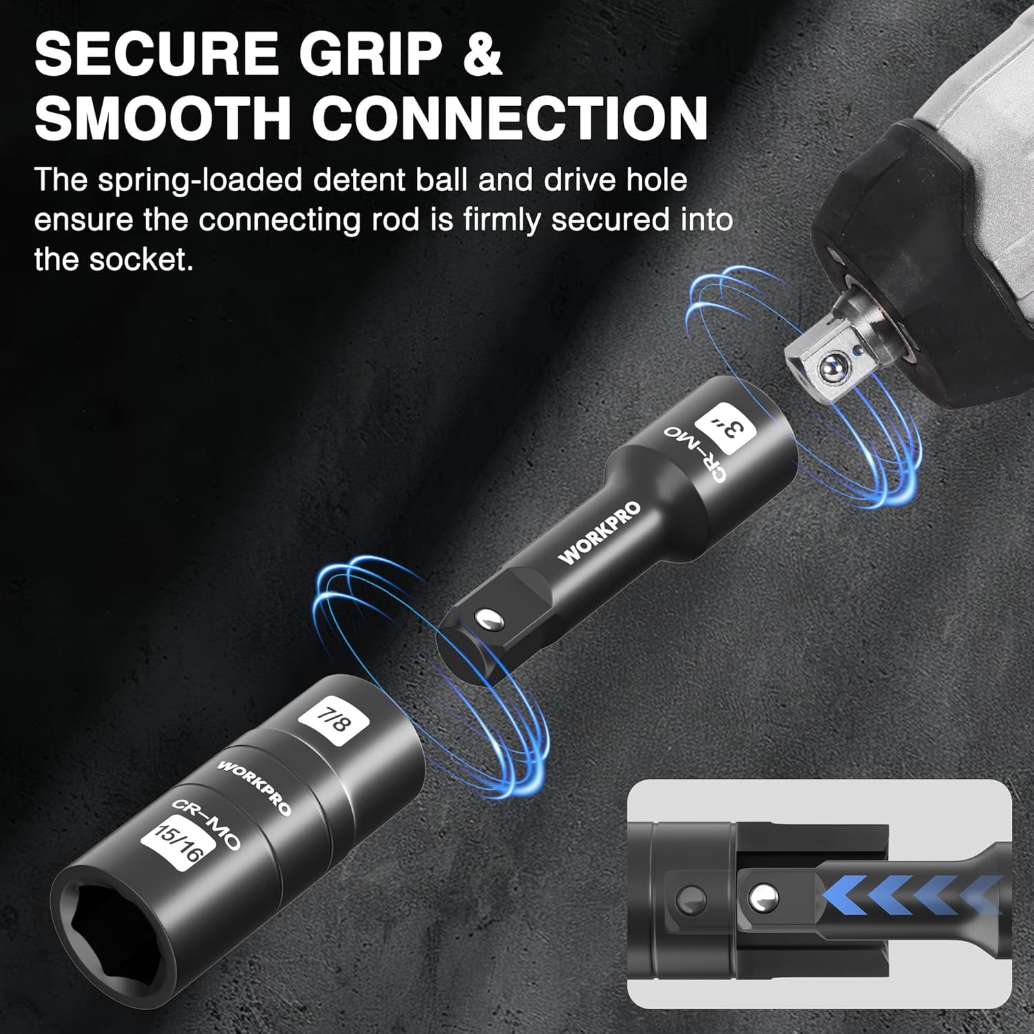 Black CR-Mo impact sockets with spring-loaded detent drive hole for secure tool connection