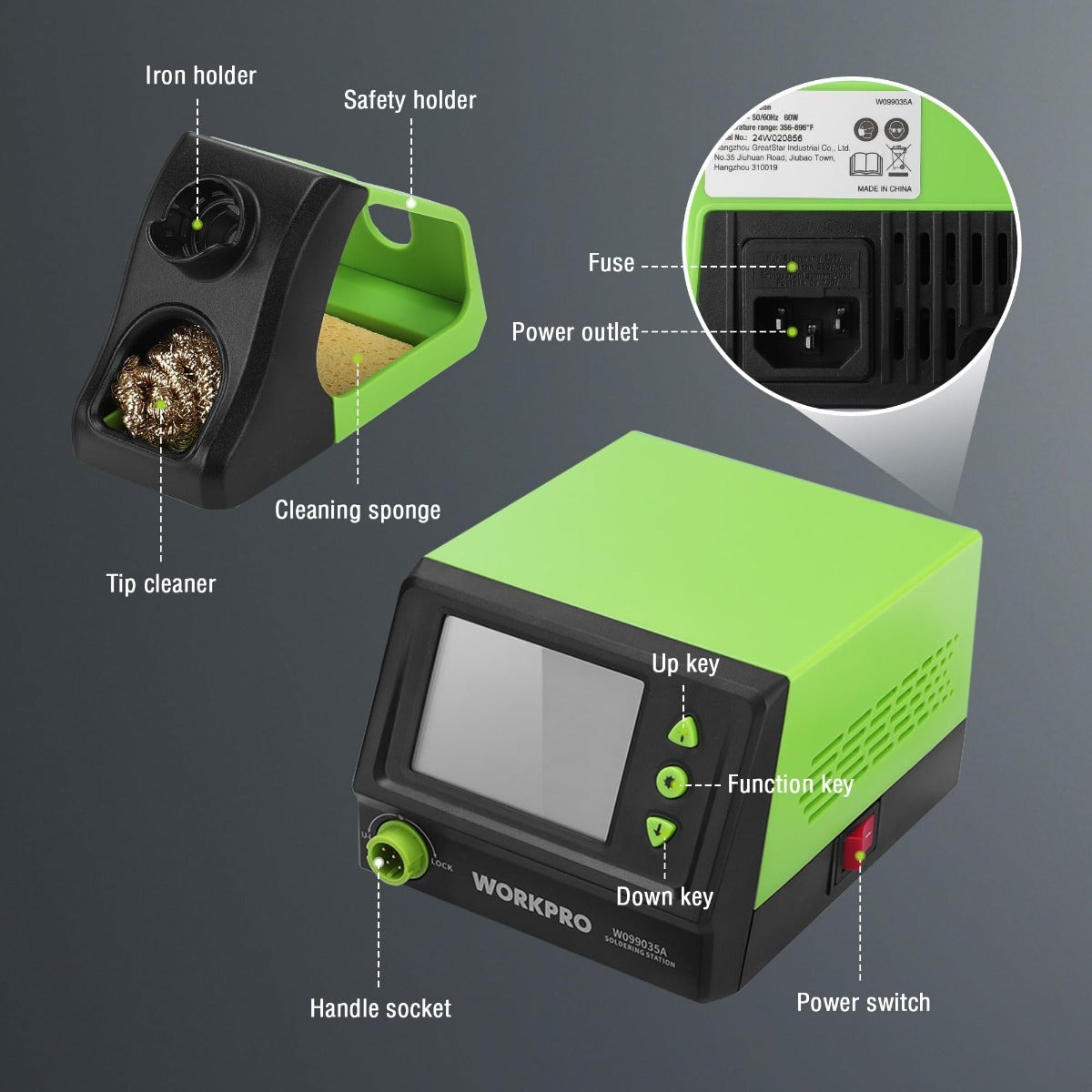 Digital soldering station with iron holder, tip cleaner, fuse, power switch, and keys