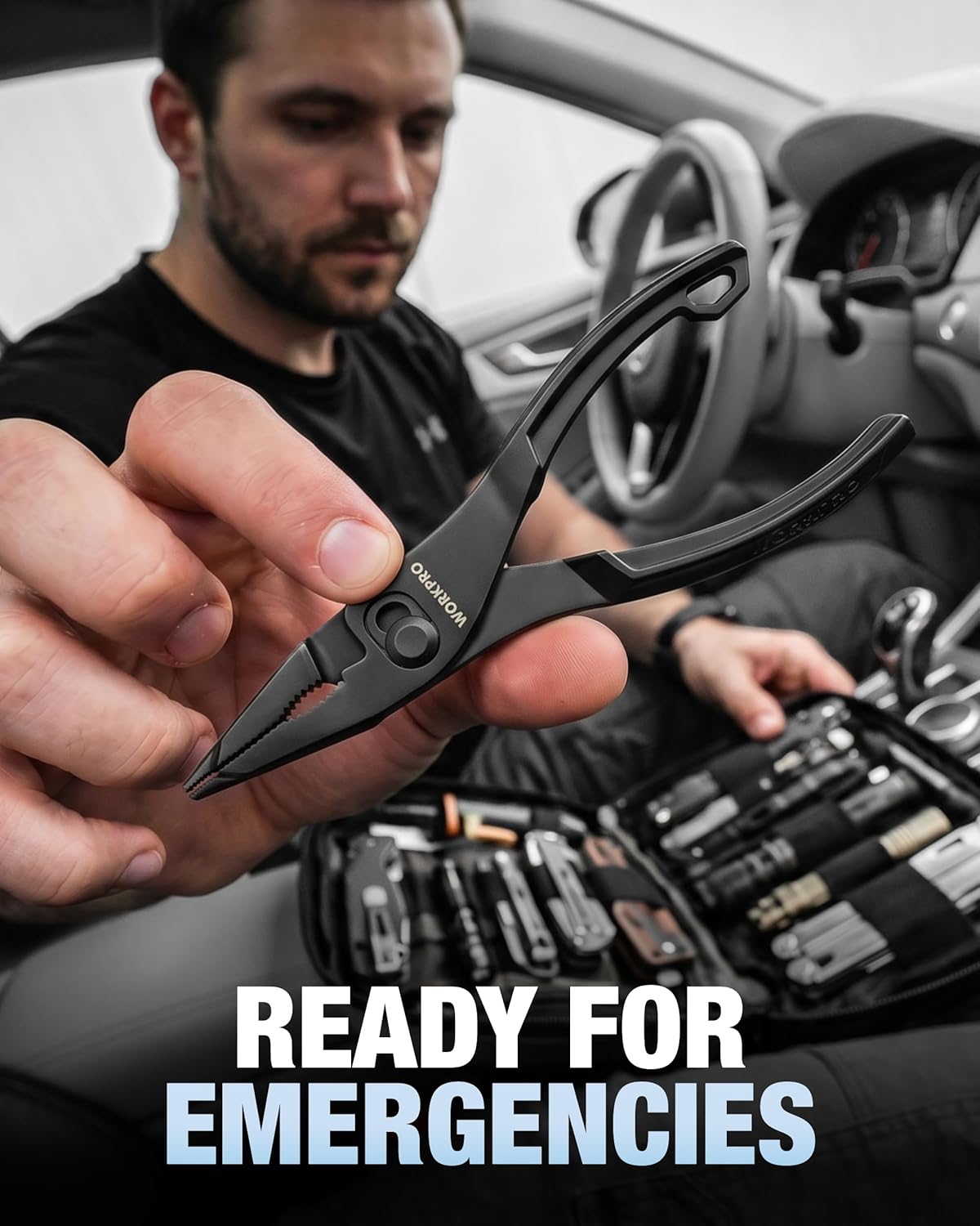 WORKPRO slip joint pliers held in hand inside a vehicle cabin