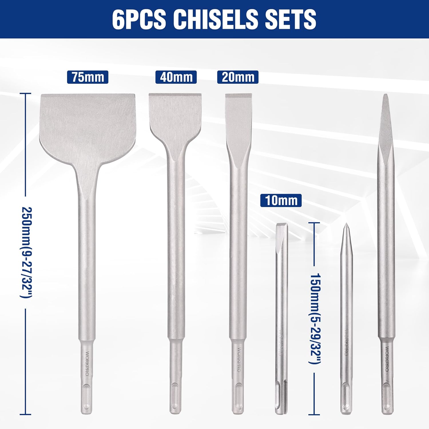 SDS-plus chisel set diagram showing 6 chisels with labeled lengths