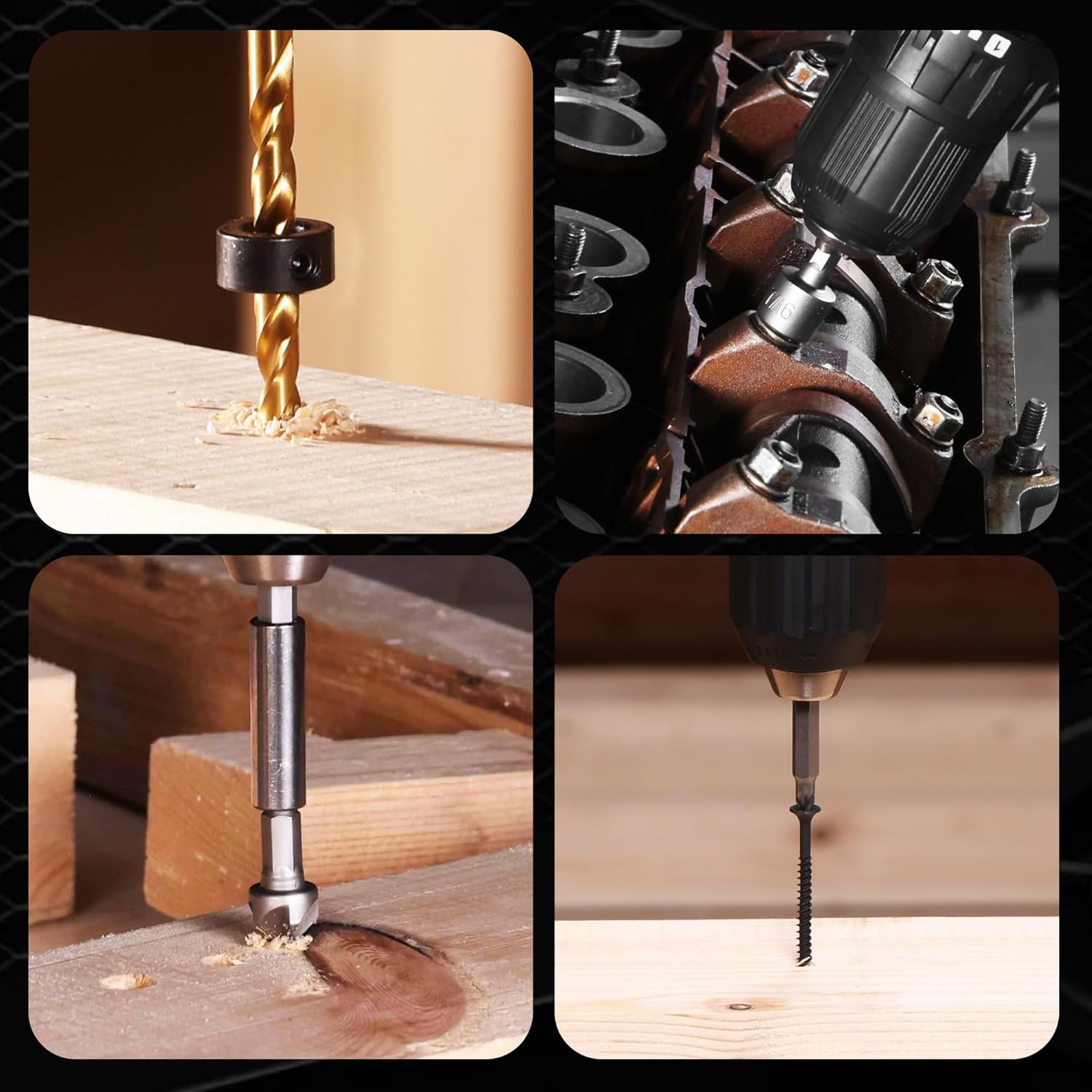 Drill bit set showing drilling into wood, metal, and concrete with different bits
