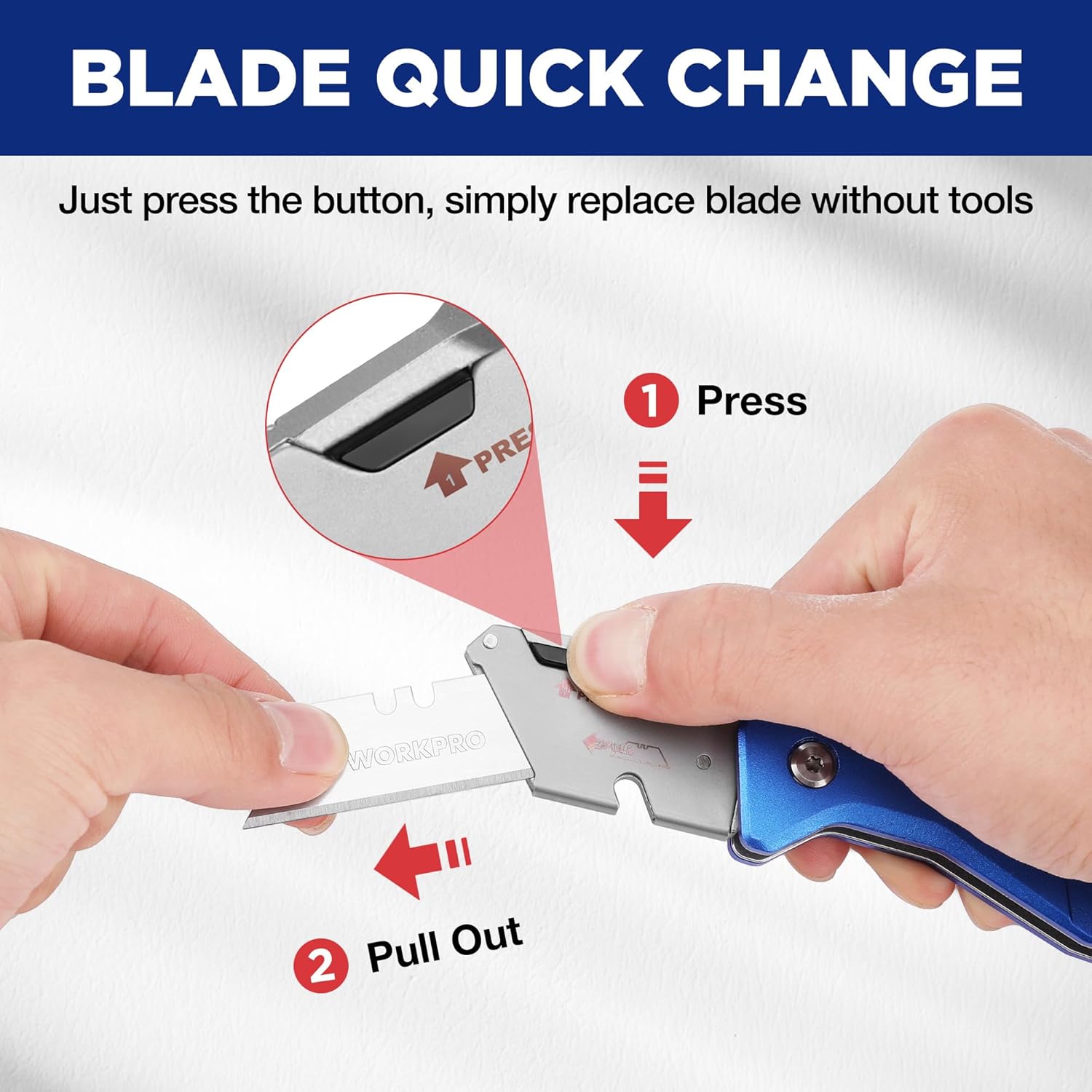 Folding utility knife showing quick change blade mechanism and press-to-replace blade