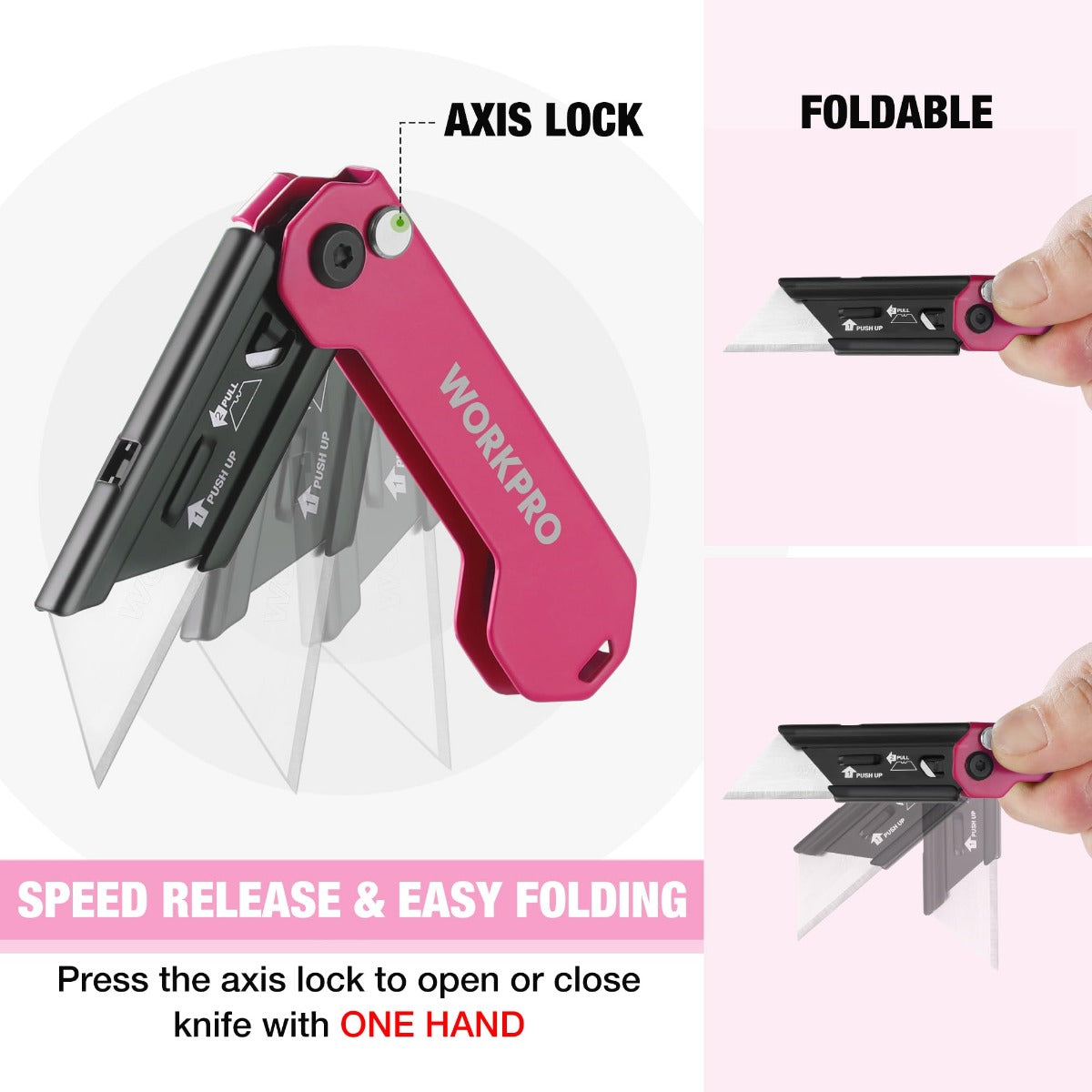Pink folding utility knife with axis lock, open blade and pivot hinge