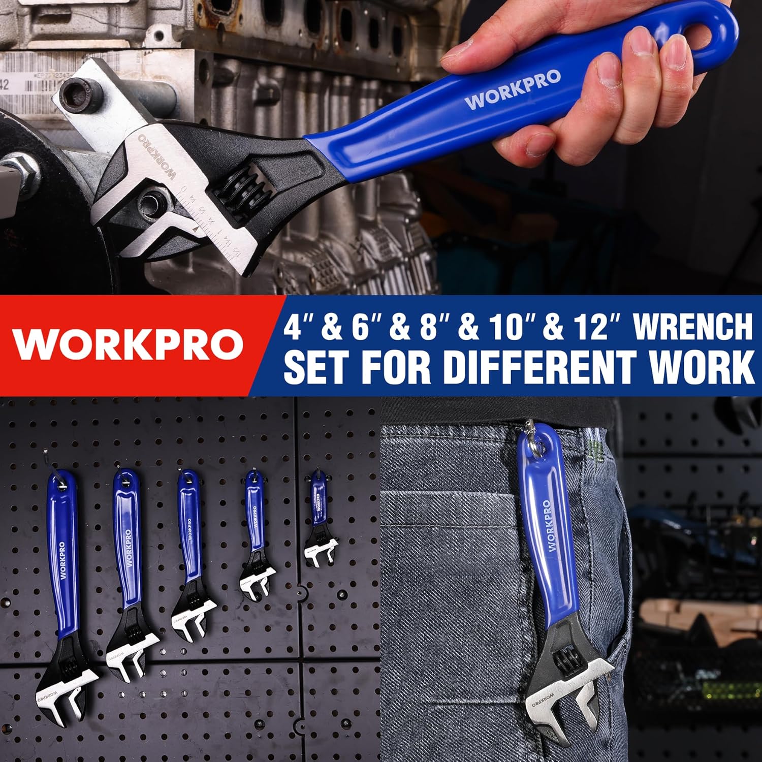 5-piece adjustable wrench set with blue handles and black jaws, multiple sizes
