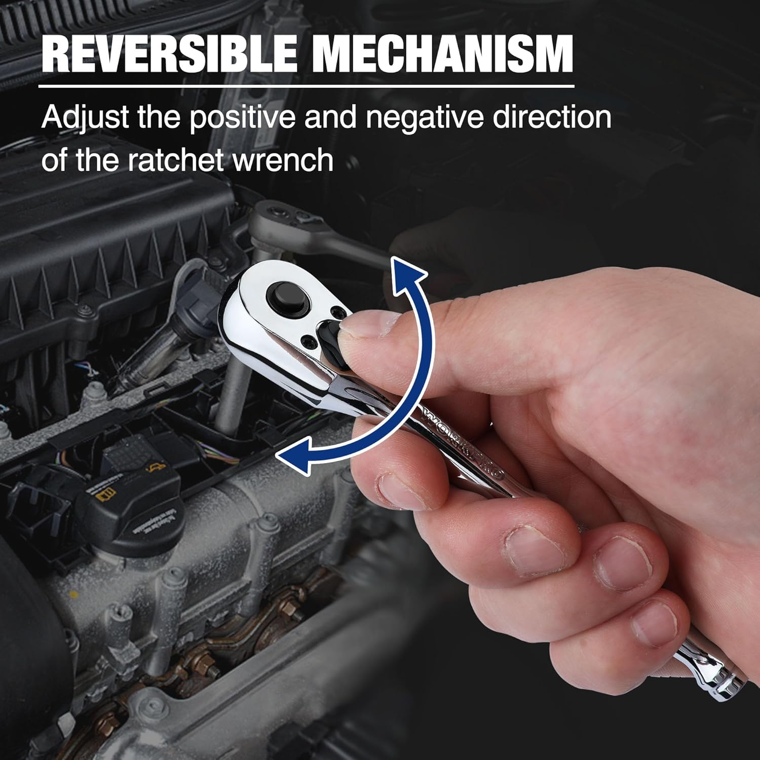 Reversible chrome ratchet wrench with direction-change lever for forward/reverse