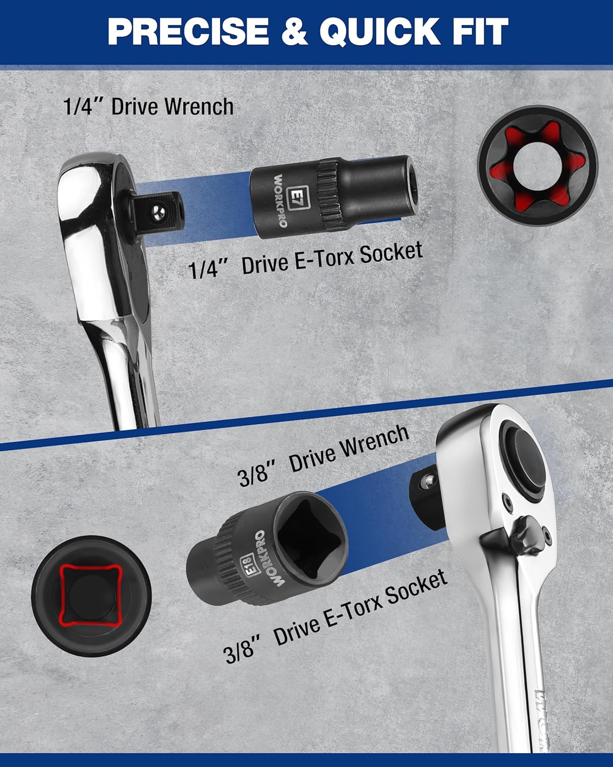 1/4 drive E-Torx socket and star tips shown with drive wrenches