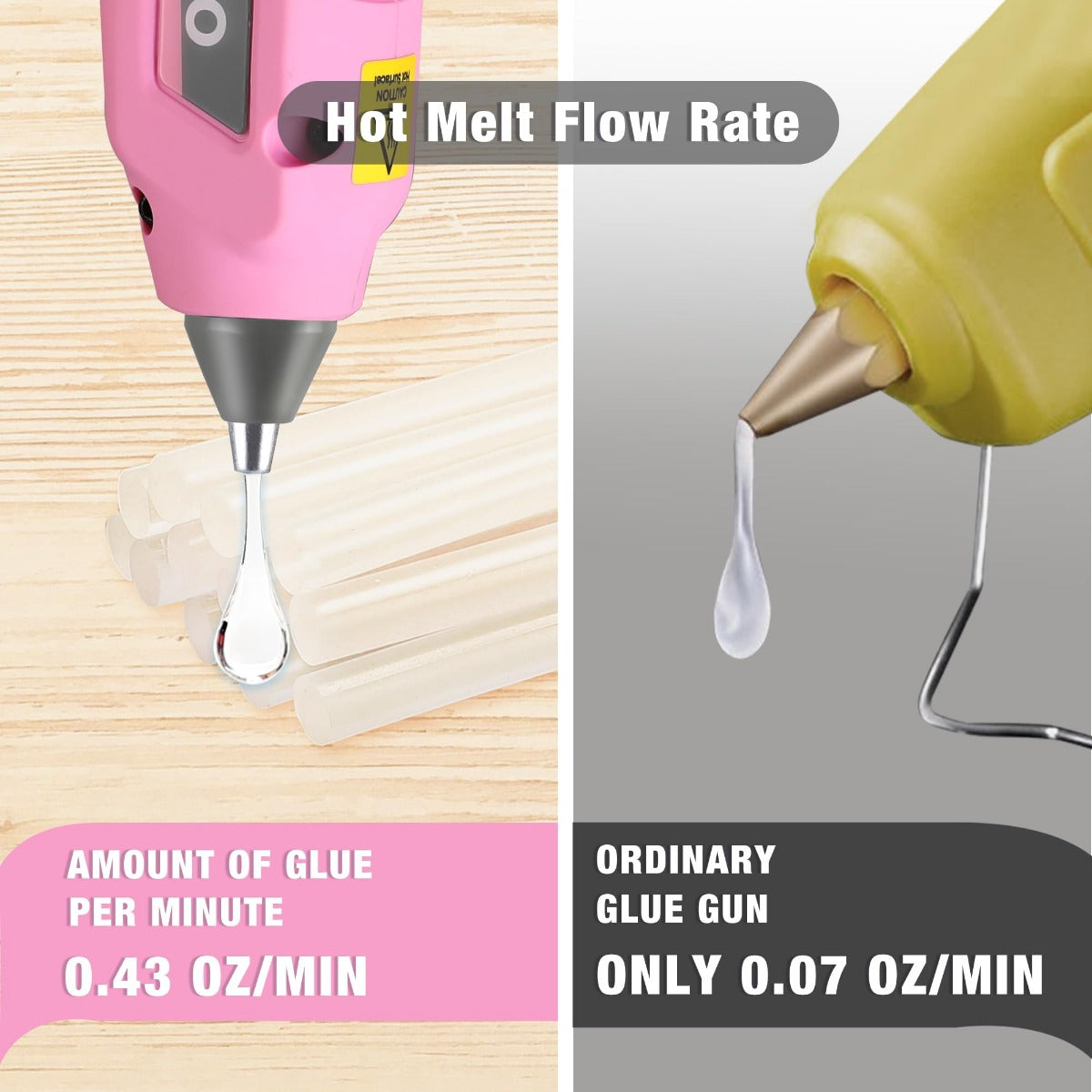 Pink hot melt glue gun nozzle dispensing clear glue onto a wooden surface