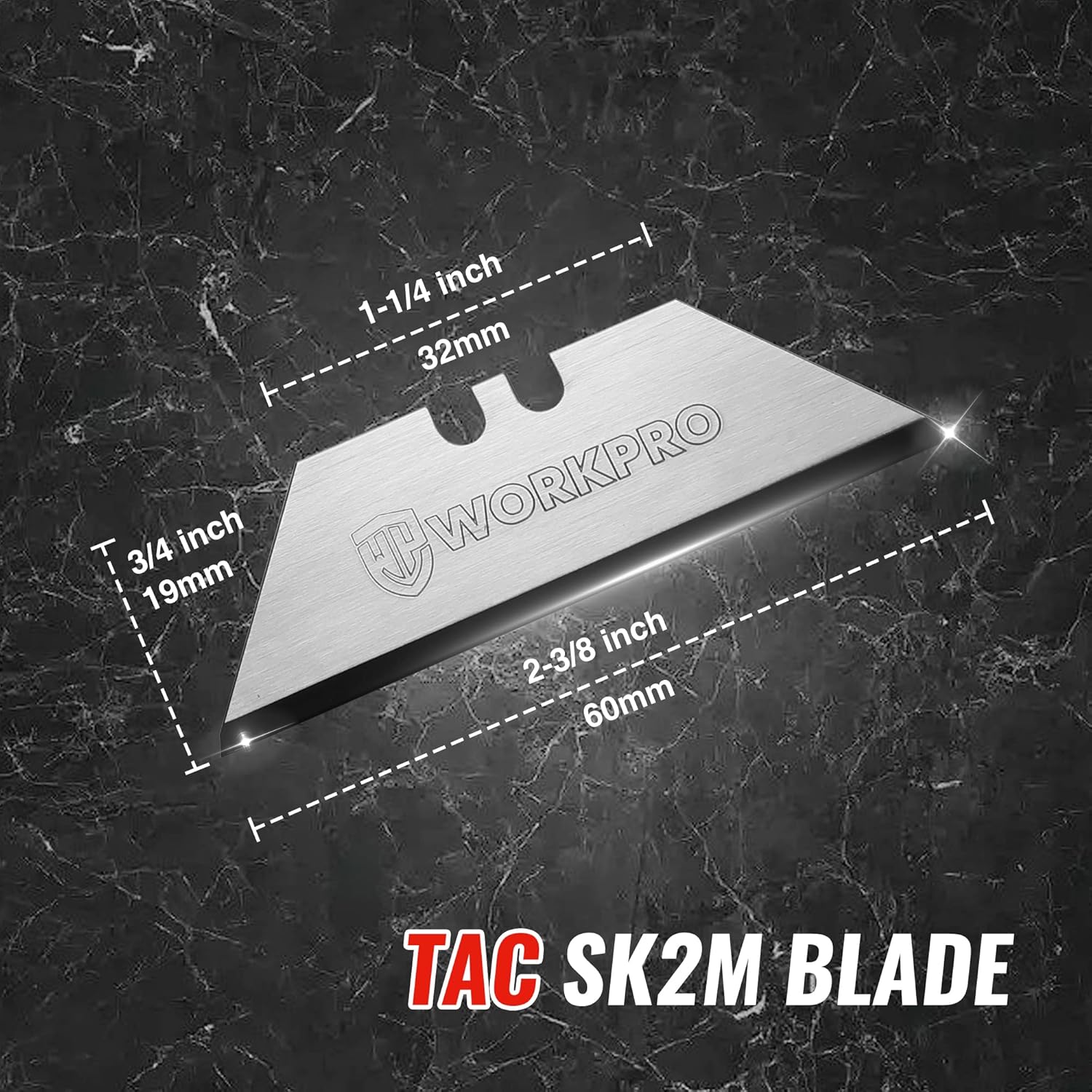 WORKPRO TAC SK2M utility knife blade with dimensions and central notch