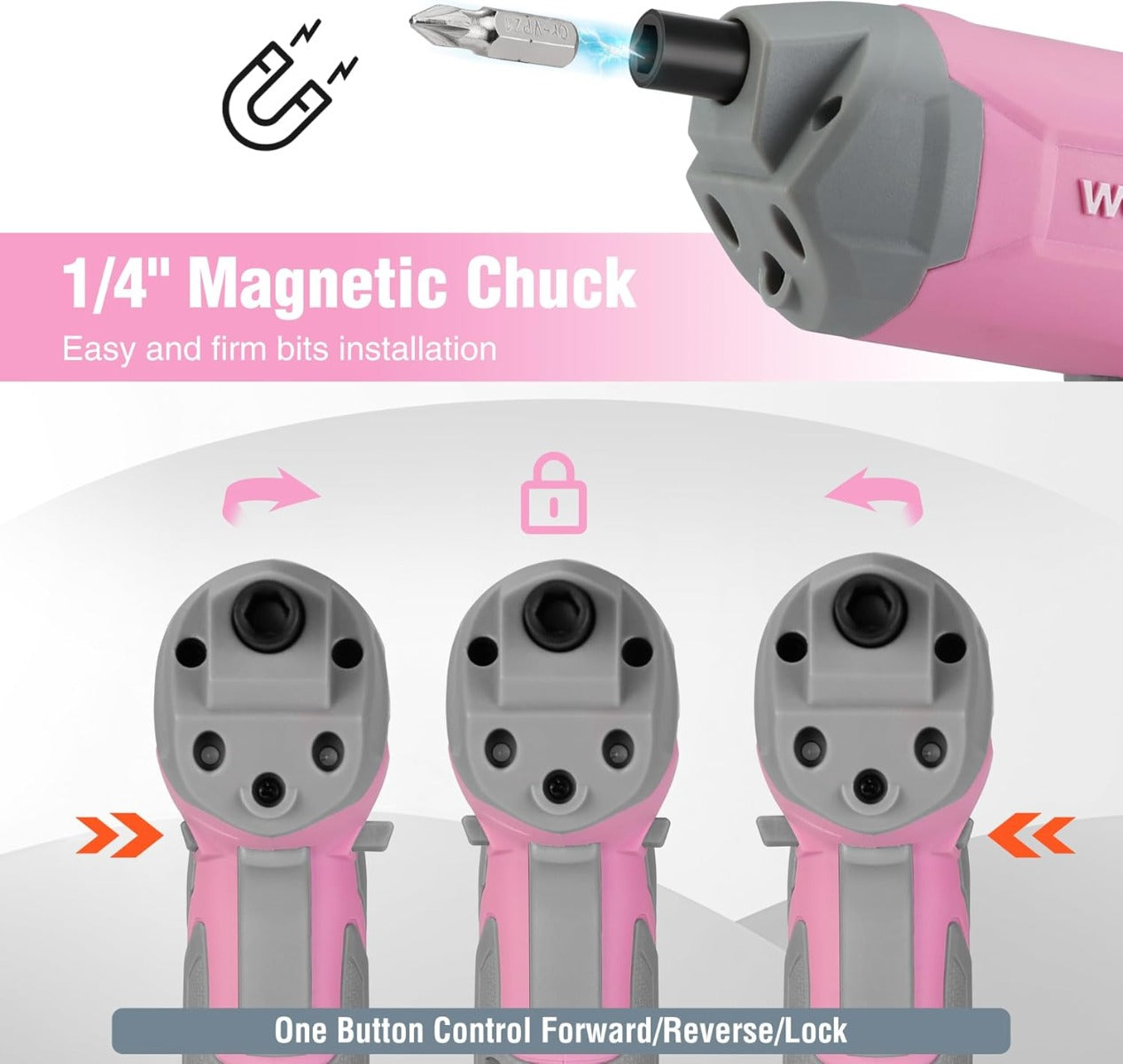 Pink cordless screwdriver showing 1/4 magnetic chuck with forward and reverse controls