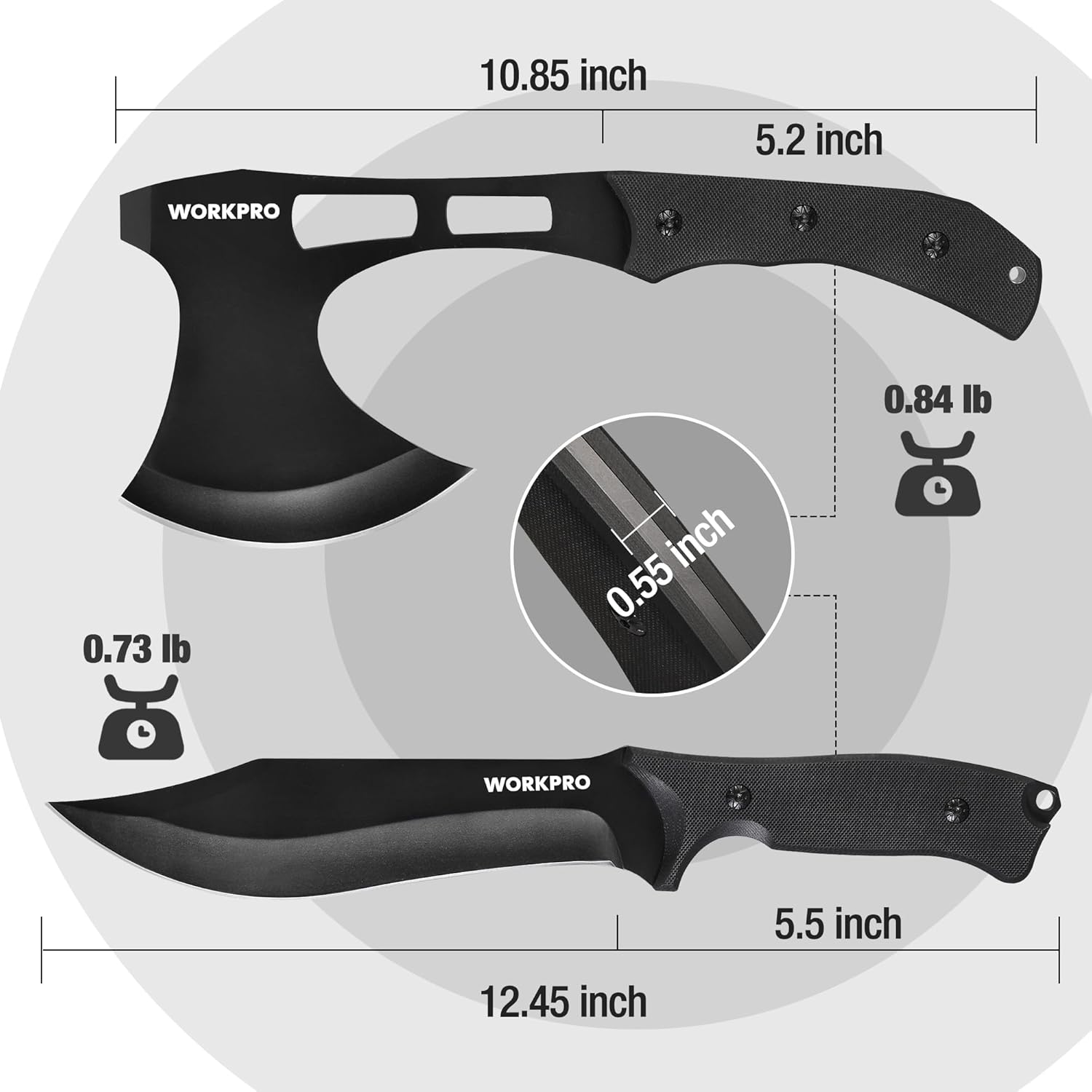WORKPRO tactical hunting knife and hatchet axe set, black blades with sheaths