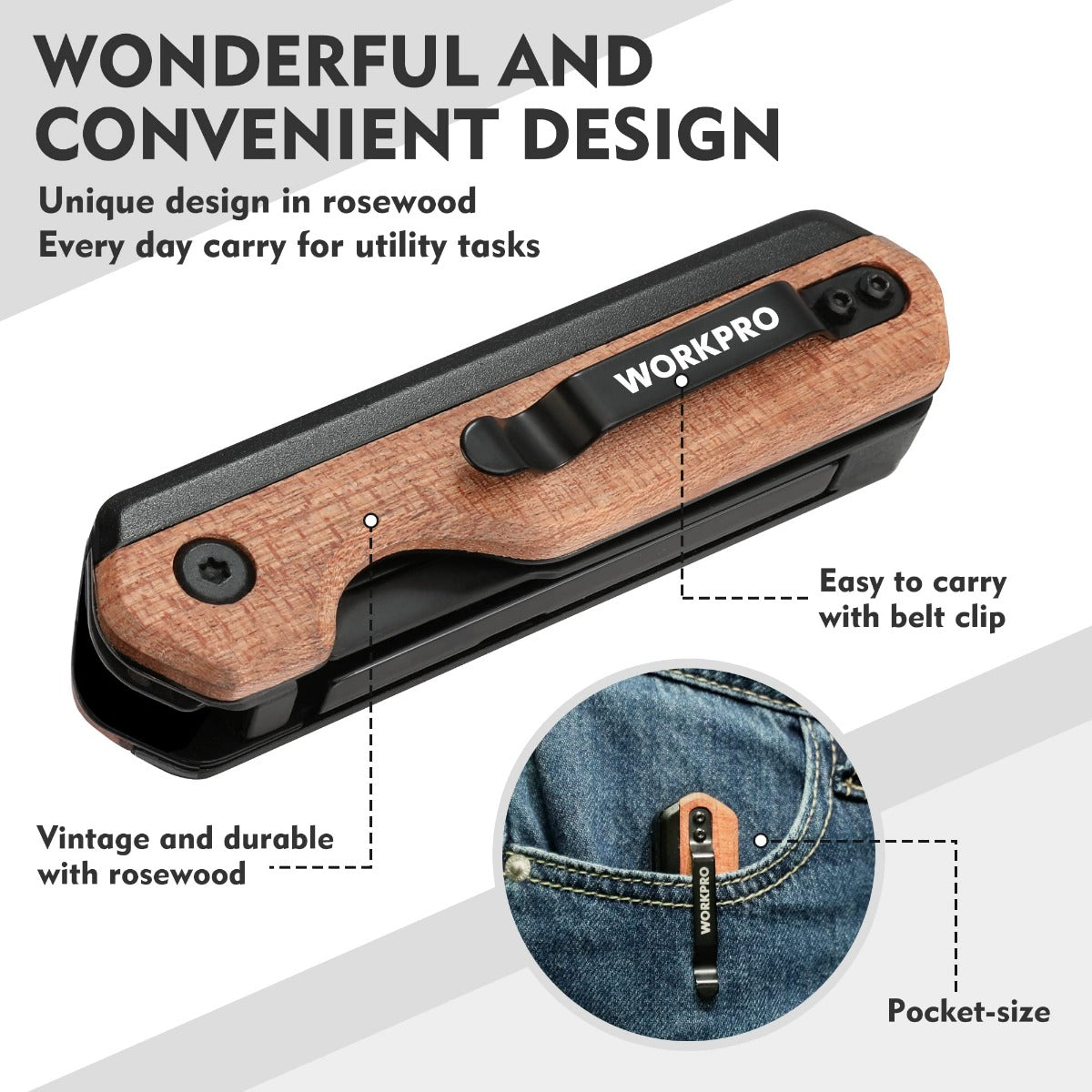 Folding utility knife with wood handle, black body, and belt-clip style design