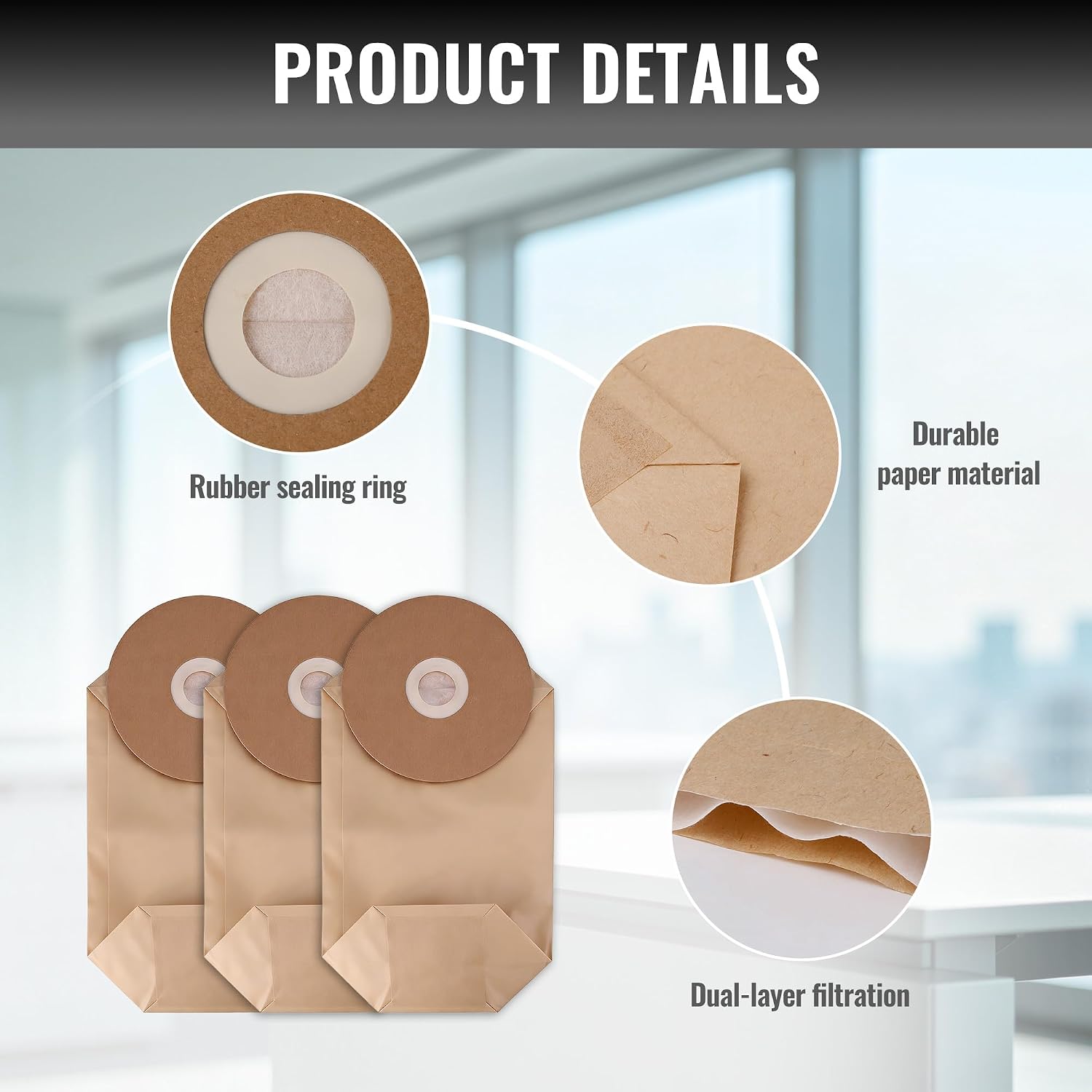 Tan dust collection bags with rubber sealing ring and dual-layer filtration