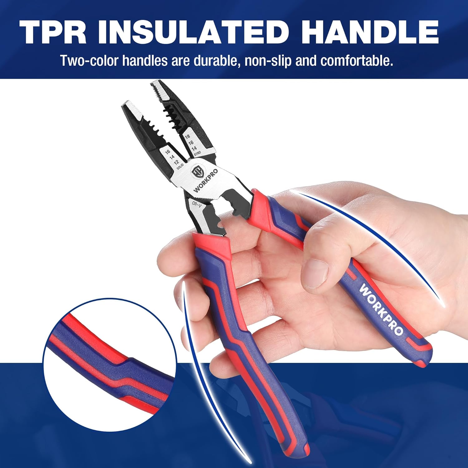 TBR insulated lineman pliers held in hand with red-and-blue two-tone ergonomic grips