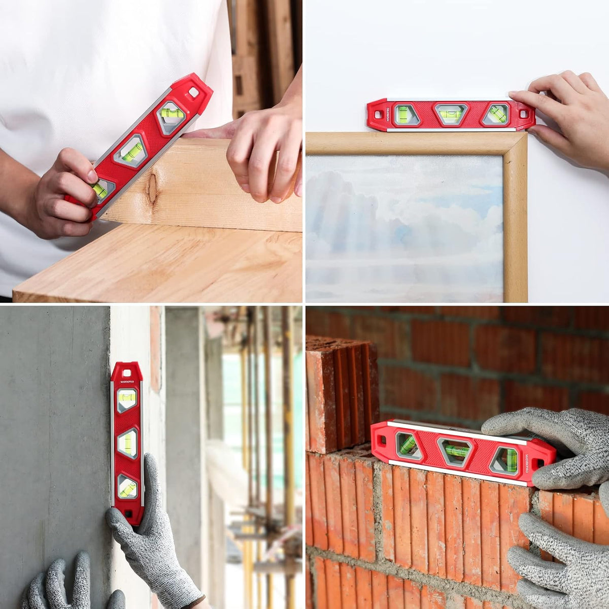 Red torpedo level held against wood panel, three vials aligned for leveling.