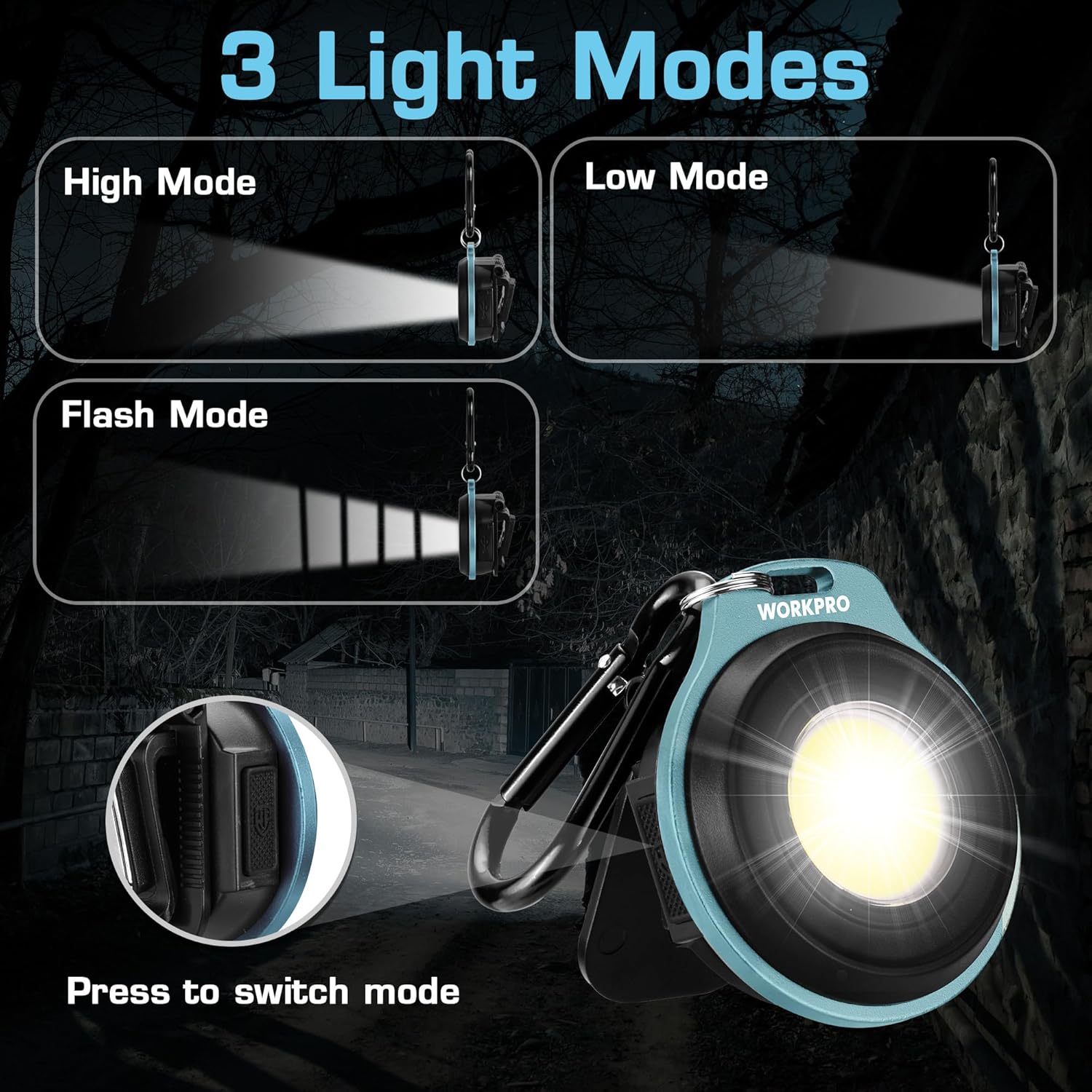 Blue COB keychain flashlight with carabiner clip, compact round head with LED lens