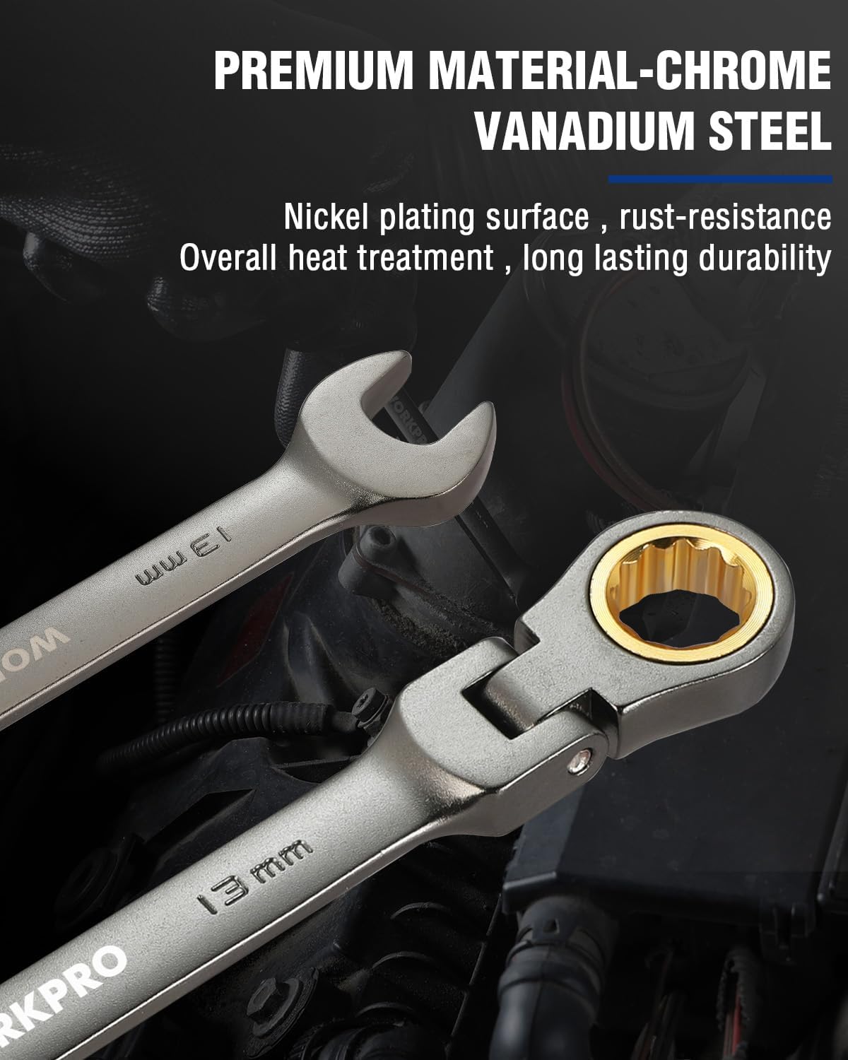 13 mm ratcheting combination wrench with nickel-plated chrome vanadium steel finish.