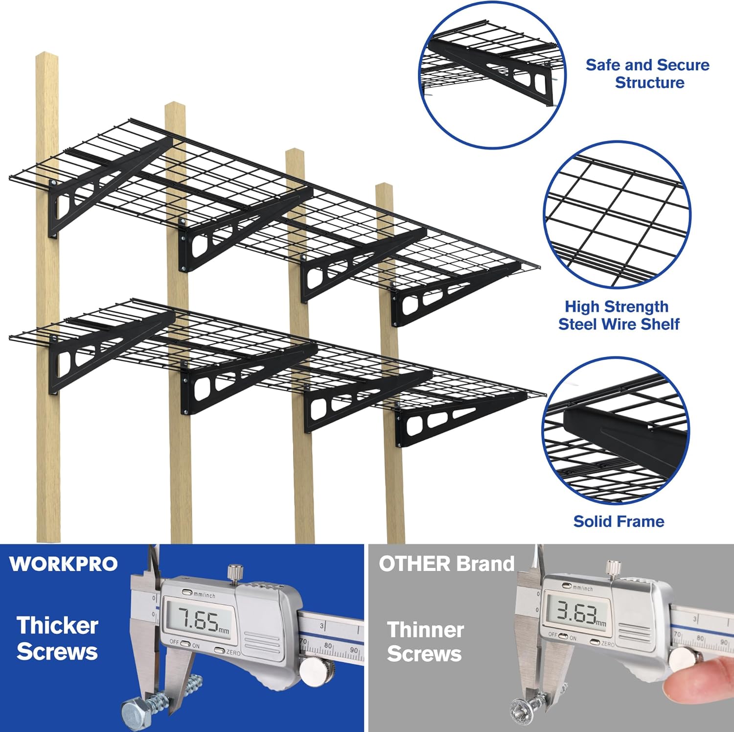 Black wire grid wall shelving with heavy support brackets on wood posts, multi-tier.