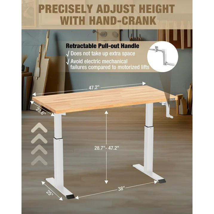Adjustable height workbench with hand-crank height adjustment and pull-out handle
