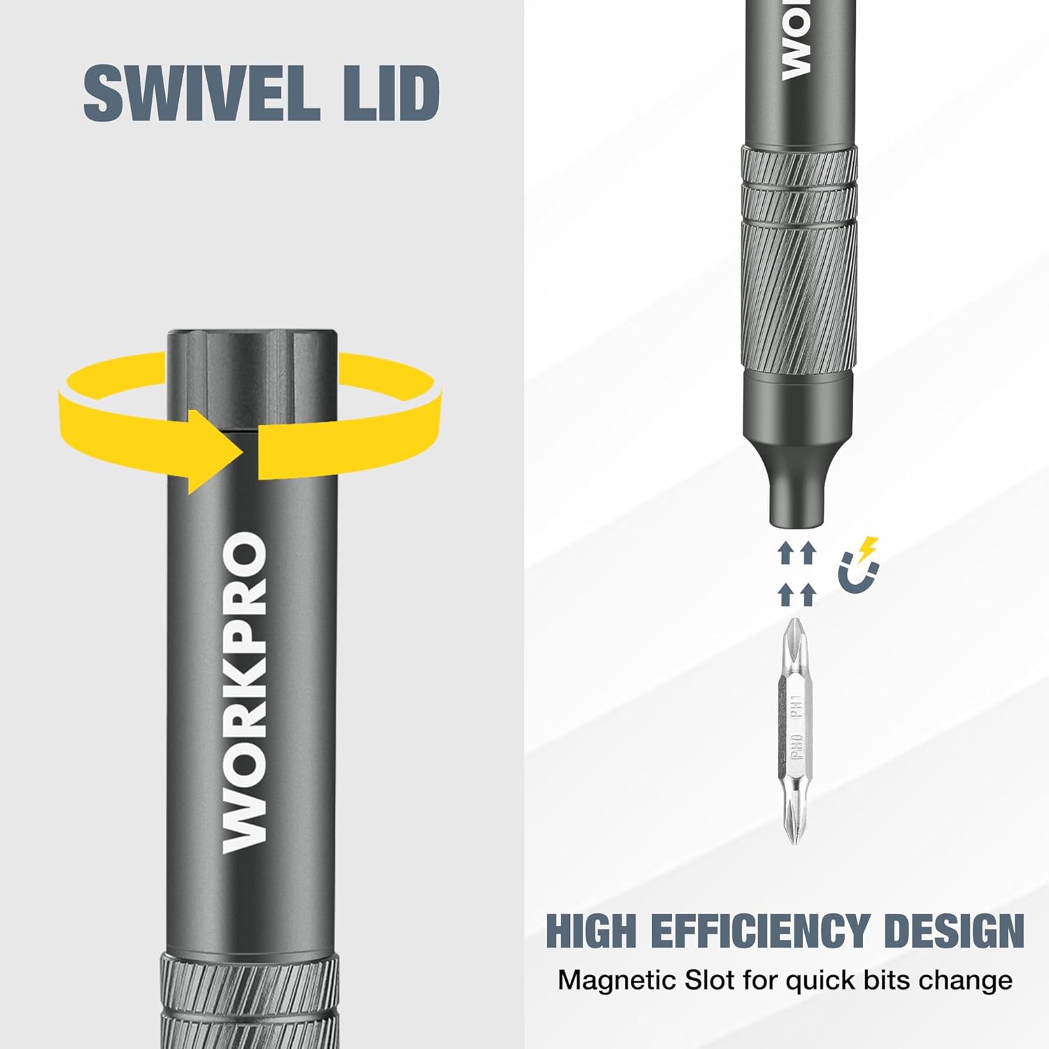 WORKPRO pen screwdriver with swivel end cap and magnetic slot for bit changes