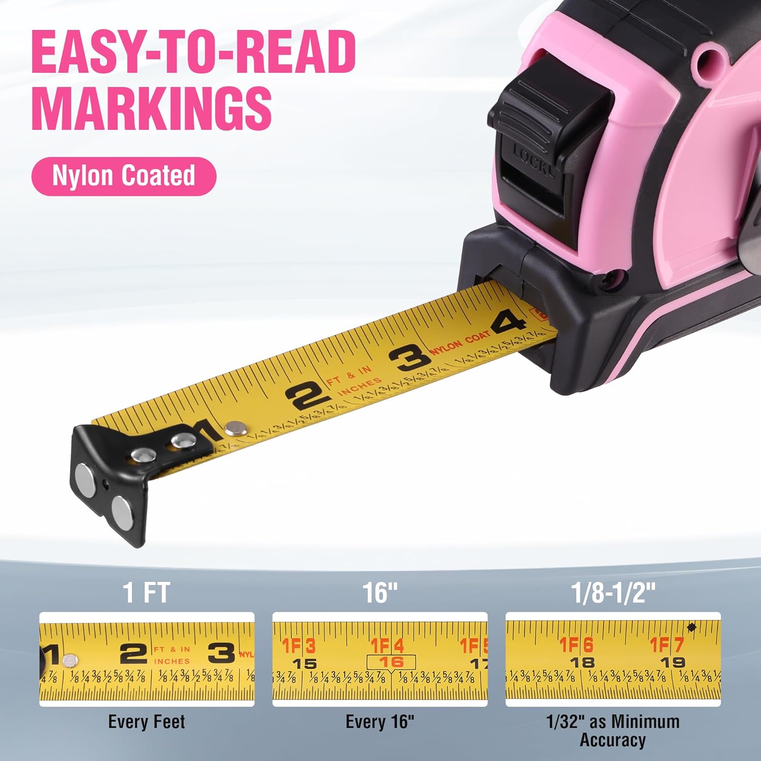 Pink tape measure with nylon-coated markings on extended yellow measuring blade