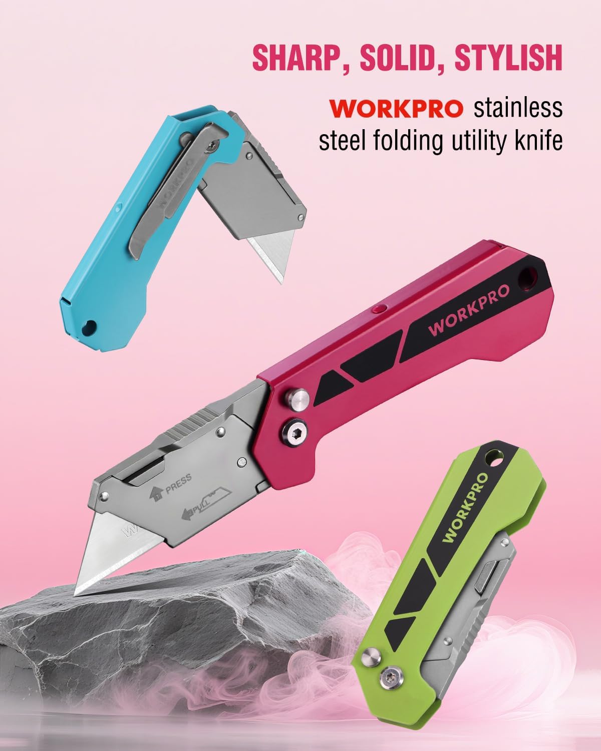 Pink folding utility knife with gray blade, folding handle