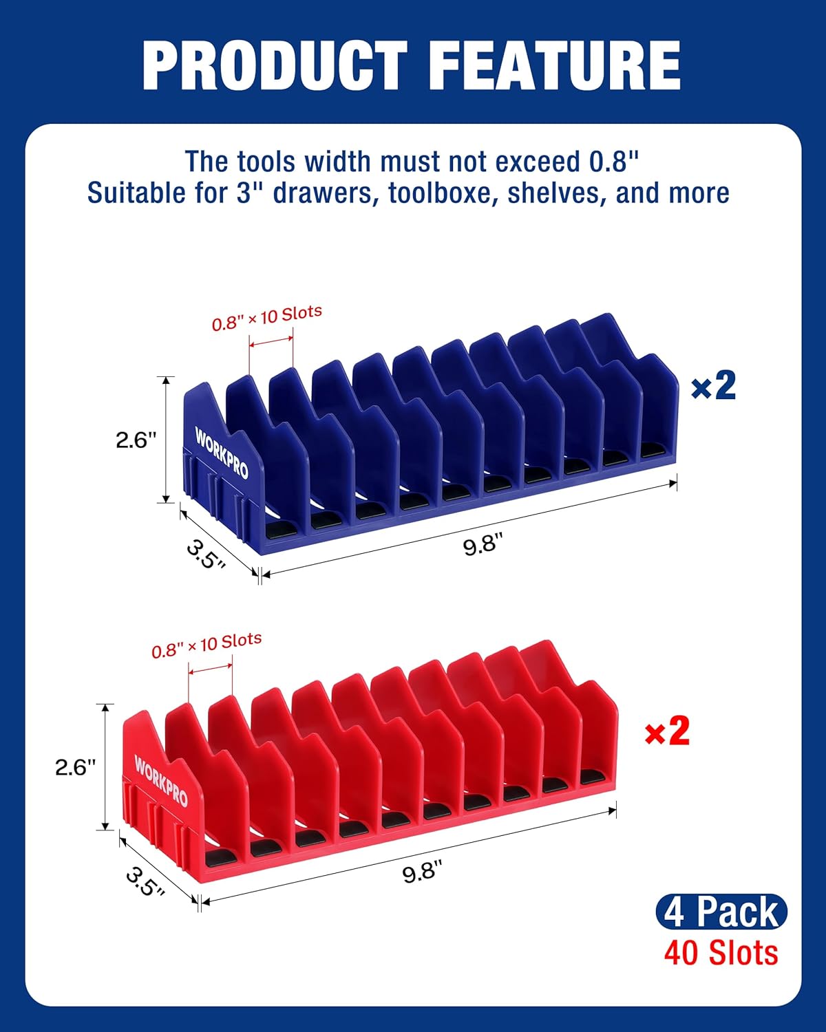 WORKPRO 4-pack tool organizer racks with 40 slots, blue and red plastic holders