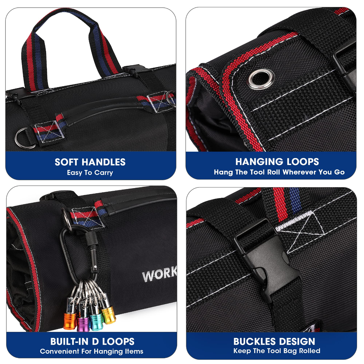 Tool roll bag details: padded handle, hanging loops, D-rings, and buckle straps