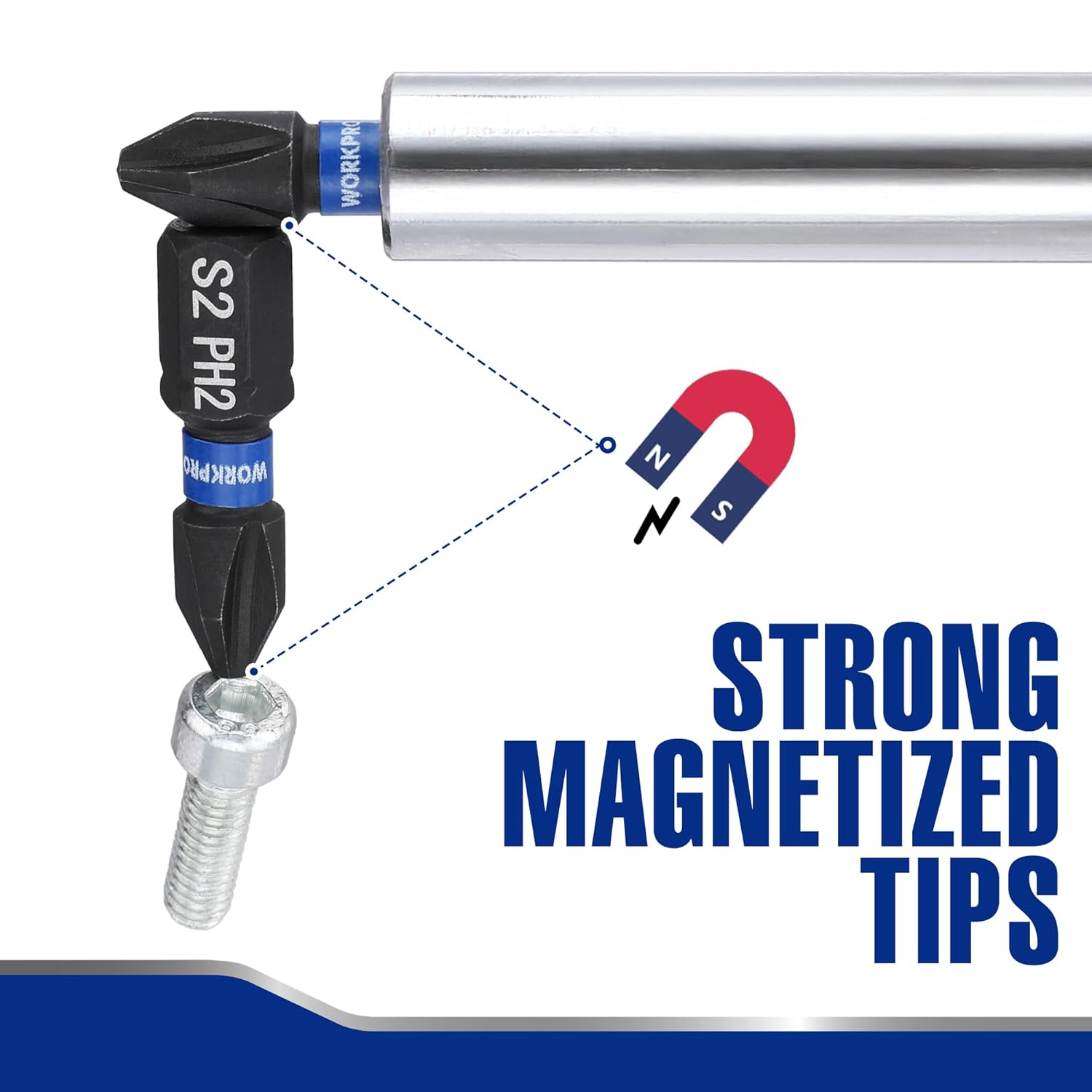 PH2 impact bit with strong magnetized tip on 1/4-inch hex shank