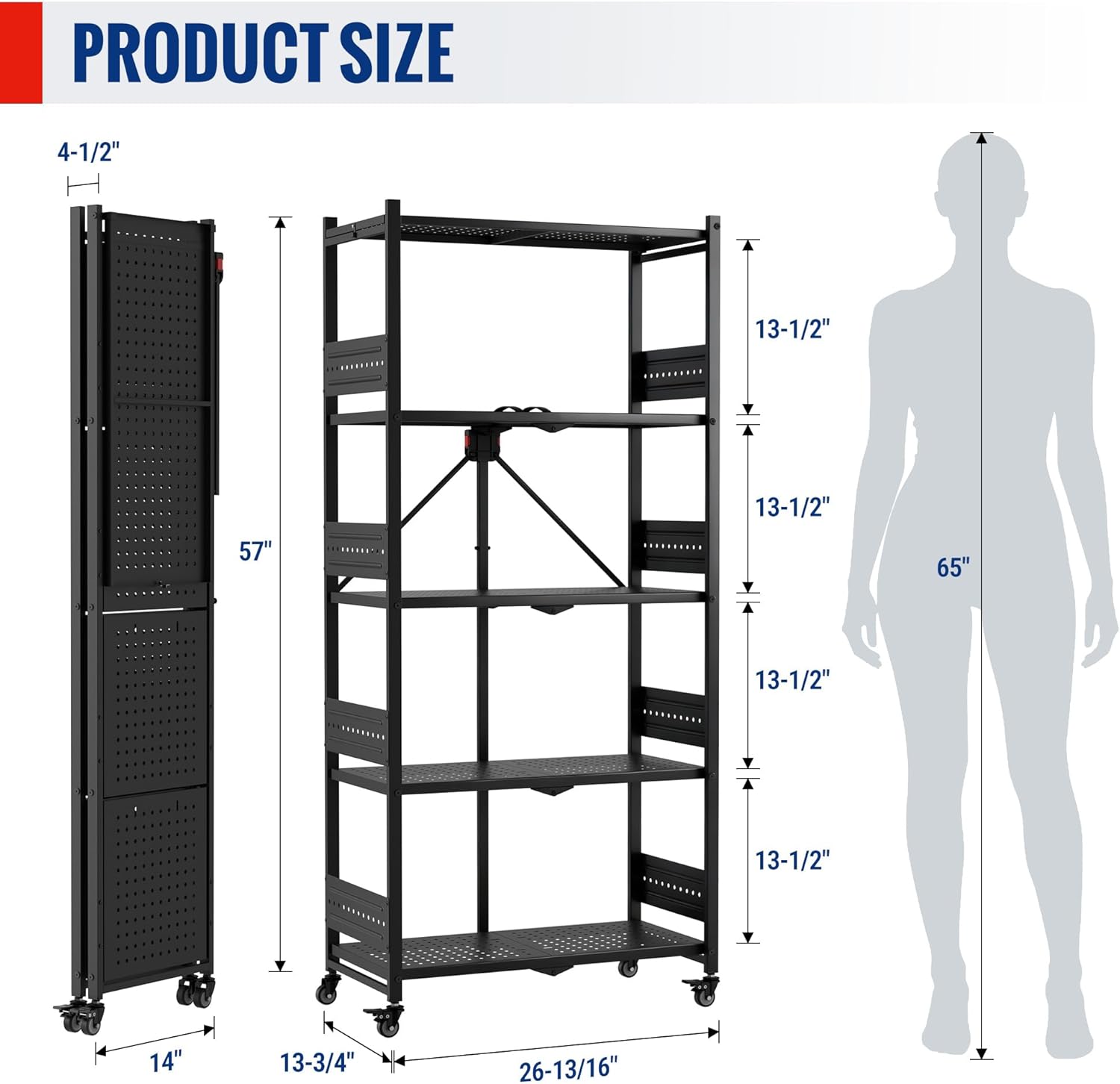 Black metal 5-tier folding shelf rack with perforated shelves and leveling feet