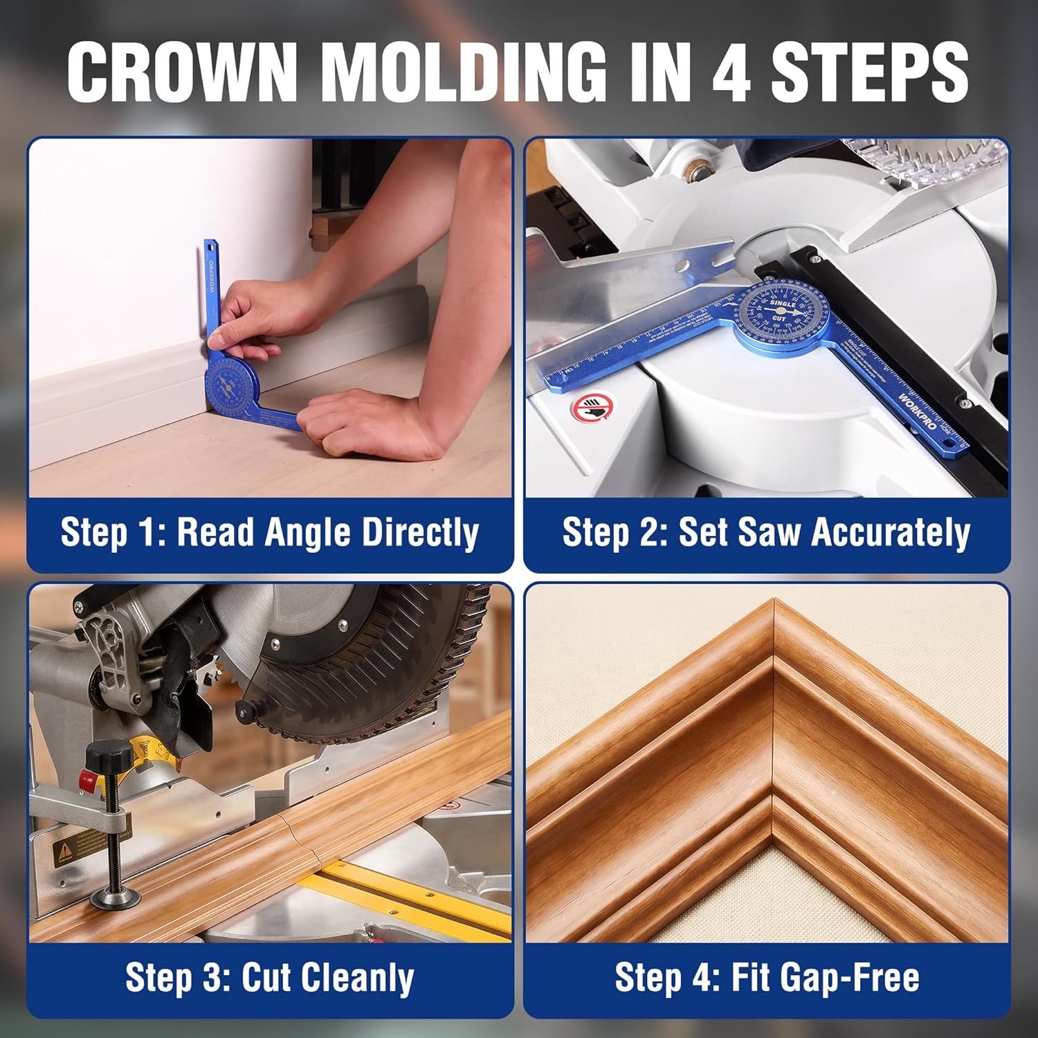 Blue miter saw angle finder shown during angled cutting and corner fitting