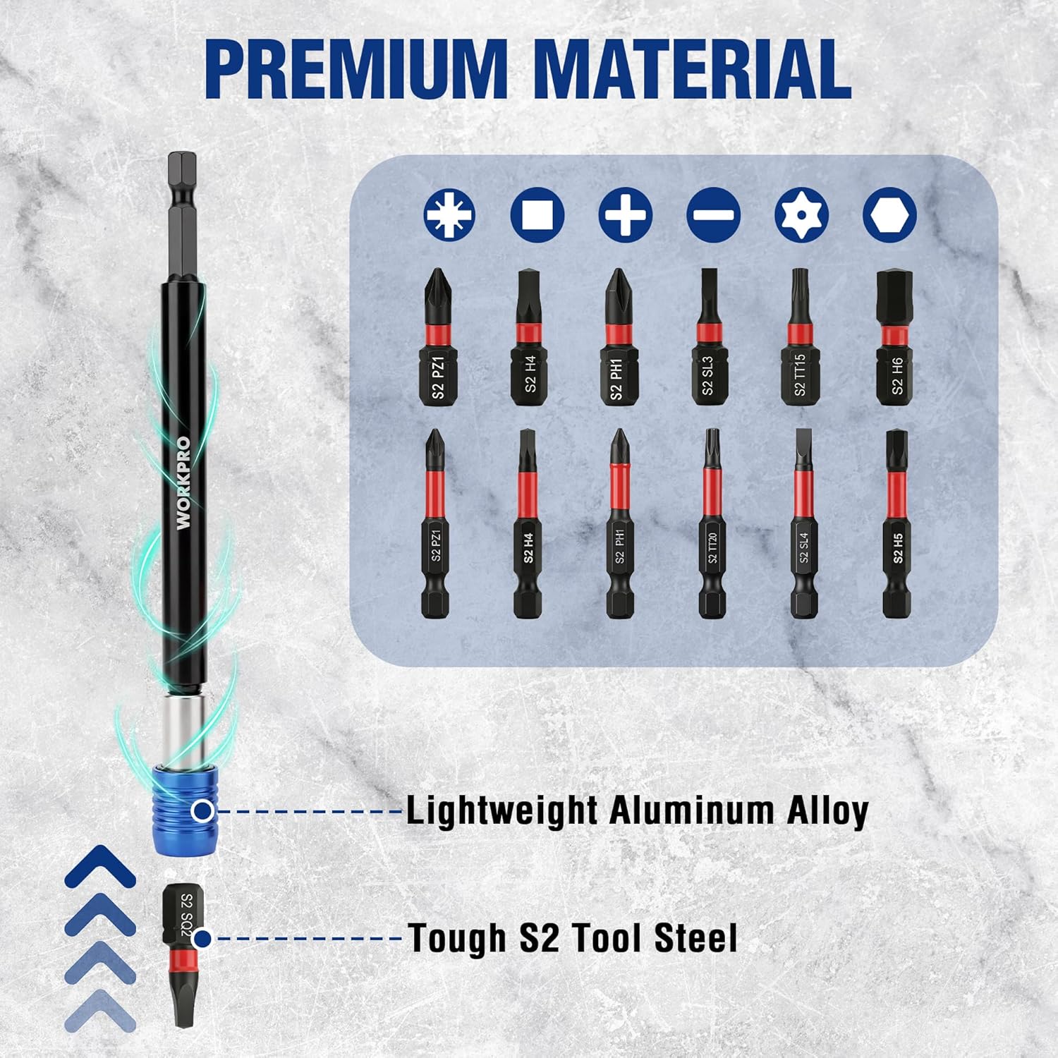 Impact driver bits assortment in organizer with mixed drive and tip sizes