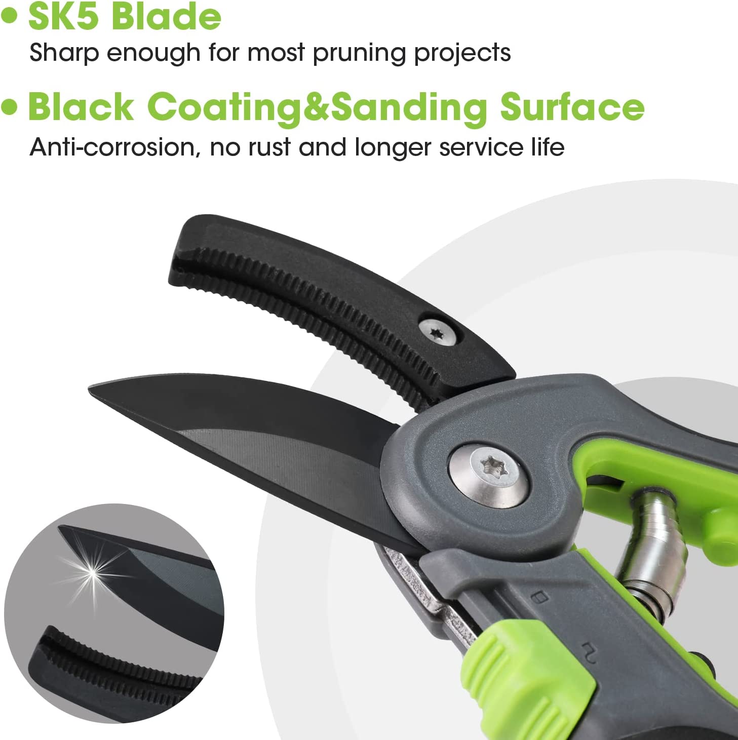 Green and black pruning shears with SK5 steel blades, close-up of cutting edge
