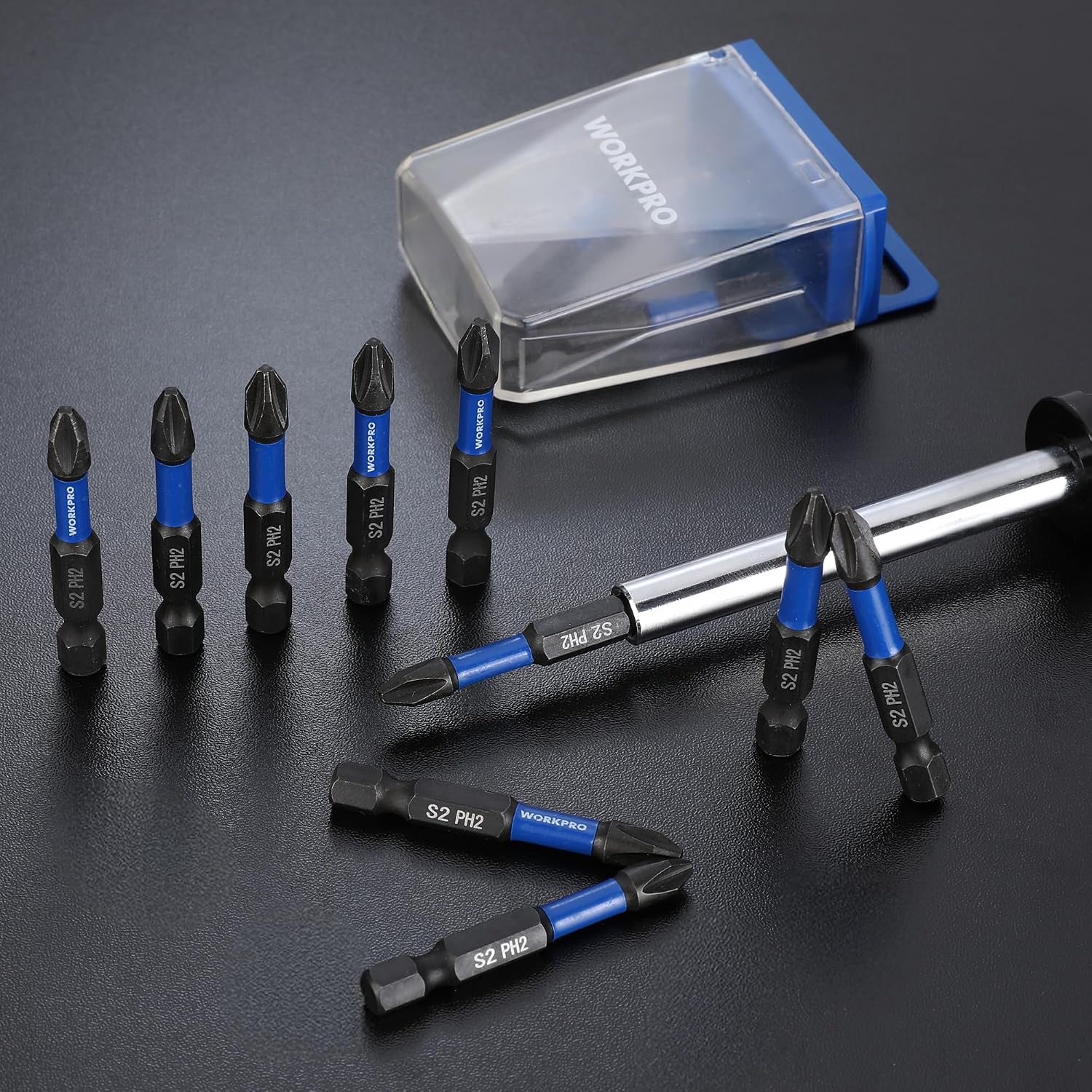Assorted PH2 impact screwdriver bits with 1/4 in hex shanks and blue accents